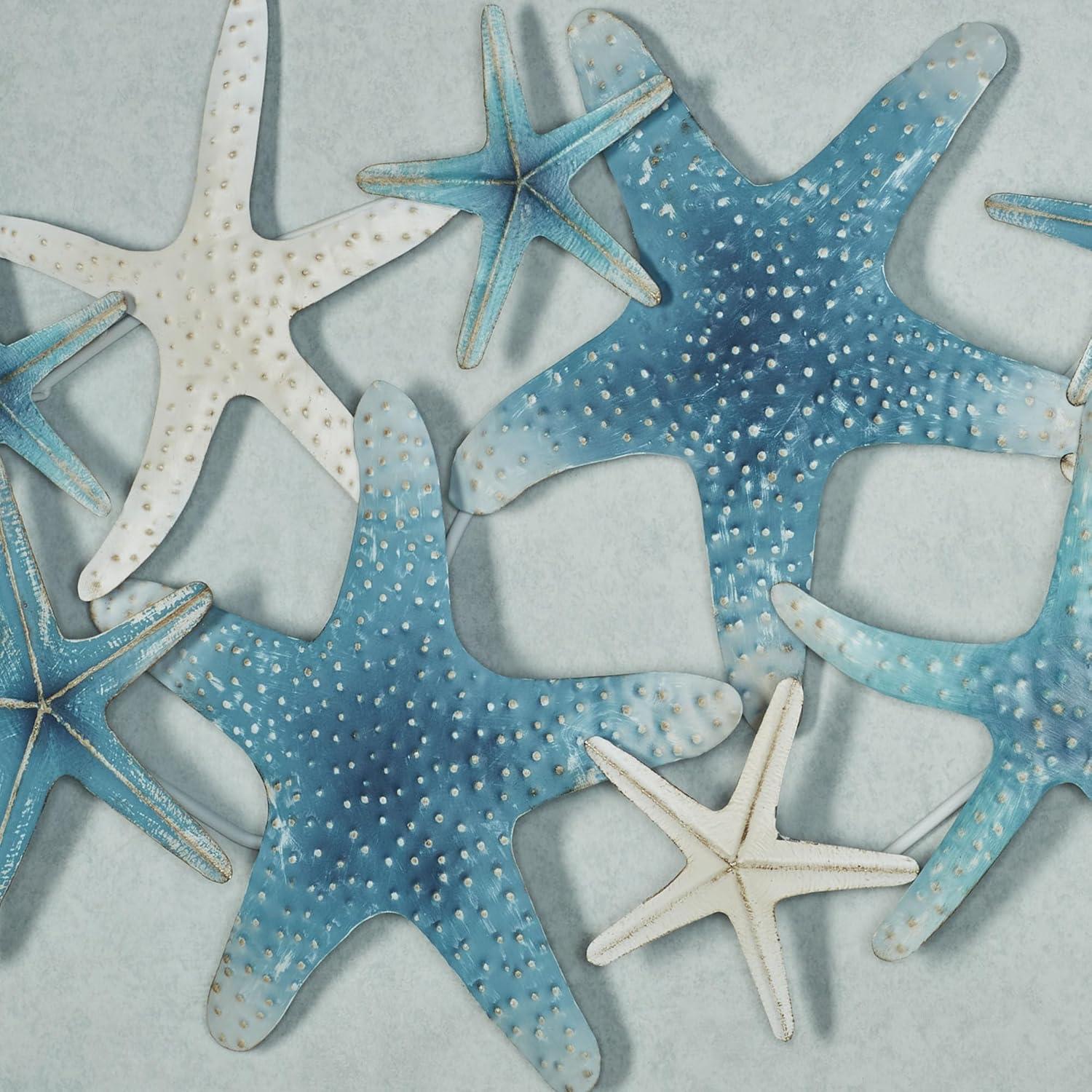 Starfish Cluster Oceanic Metal Wall Sculpture | Handpainted Coastal Blue, Antique White, and Metallic Gold Hues | Layered, Textured Starfish Beach Collage Wall Art | Hangs Horizontally or Vertically