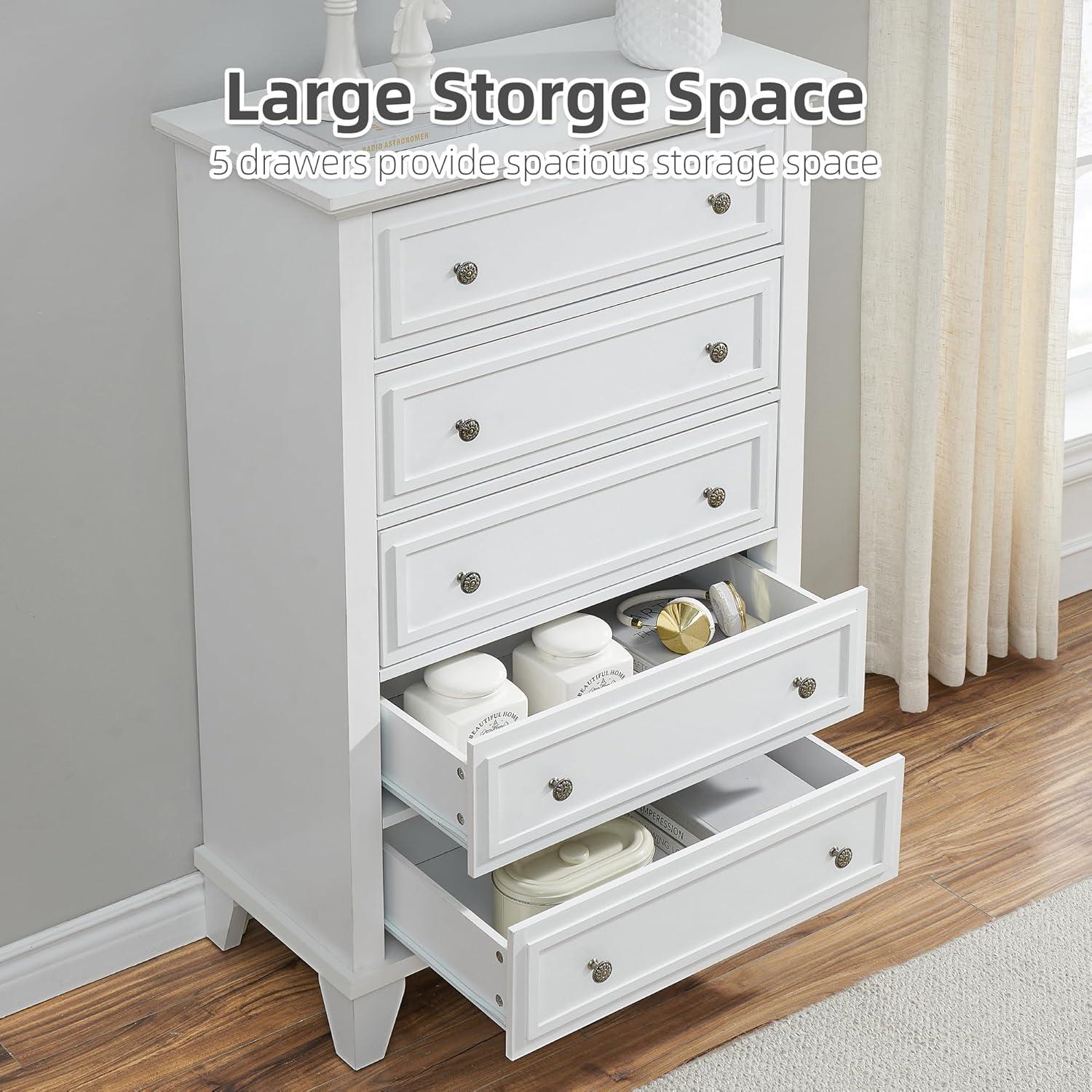 5 Drawers Dresser for Bedroom, Modern Drawer Chest, Wood Organizer Drawer Cabinet for Bedroom, Living Room, Hallway, Entryway, White