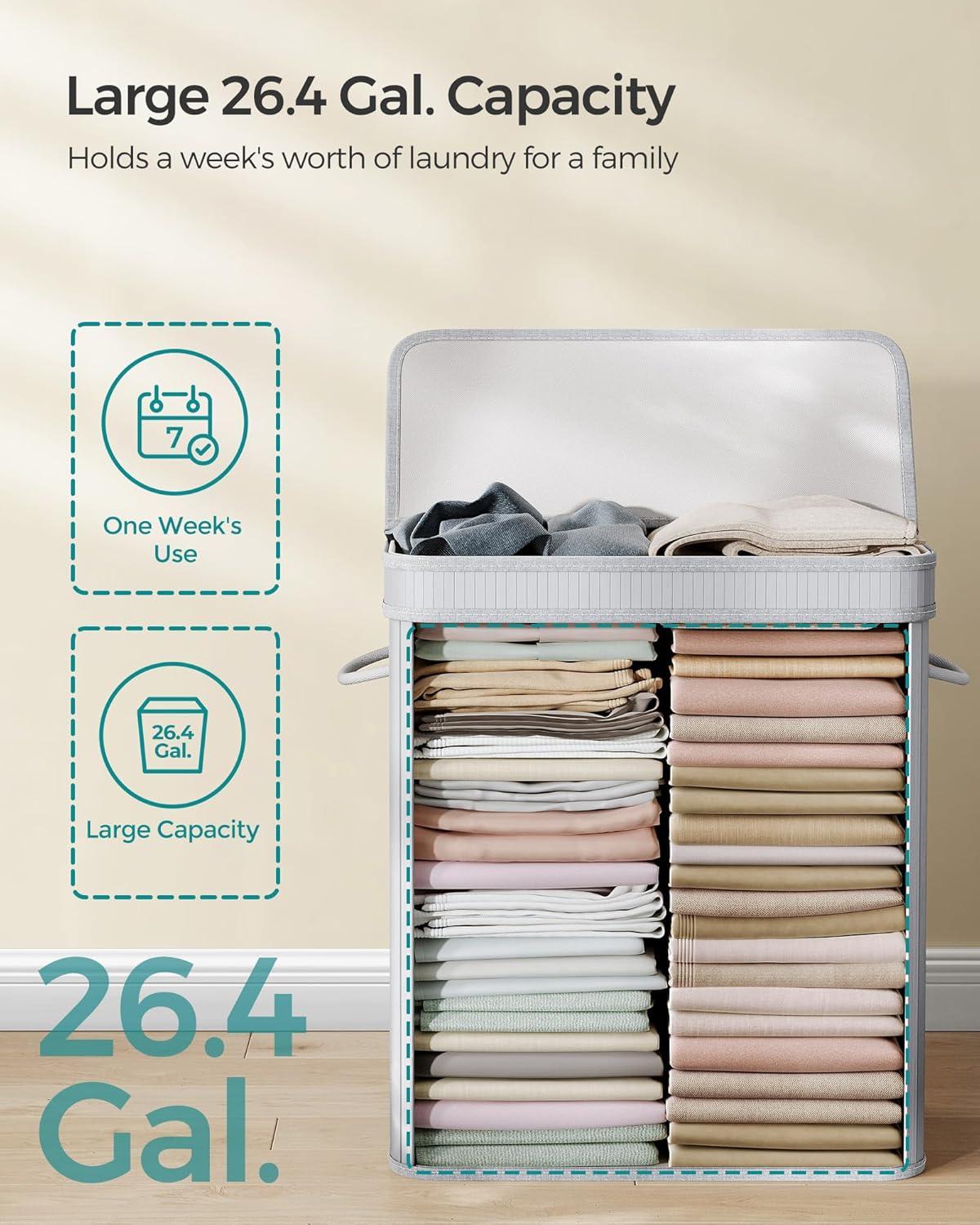 100L Laundry Hamper with Lid Bamboo Laundry Basket with Liner Bag Foldable Storage Hamper with Handles Gray