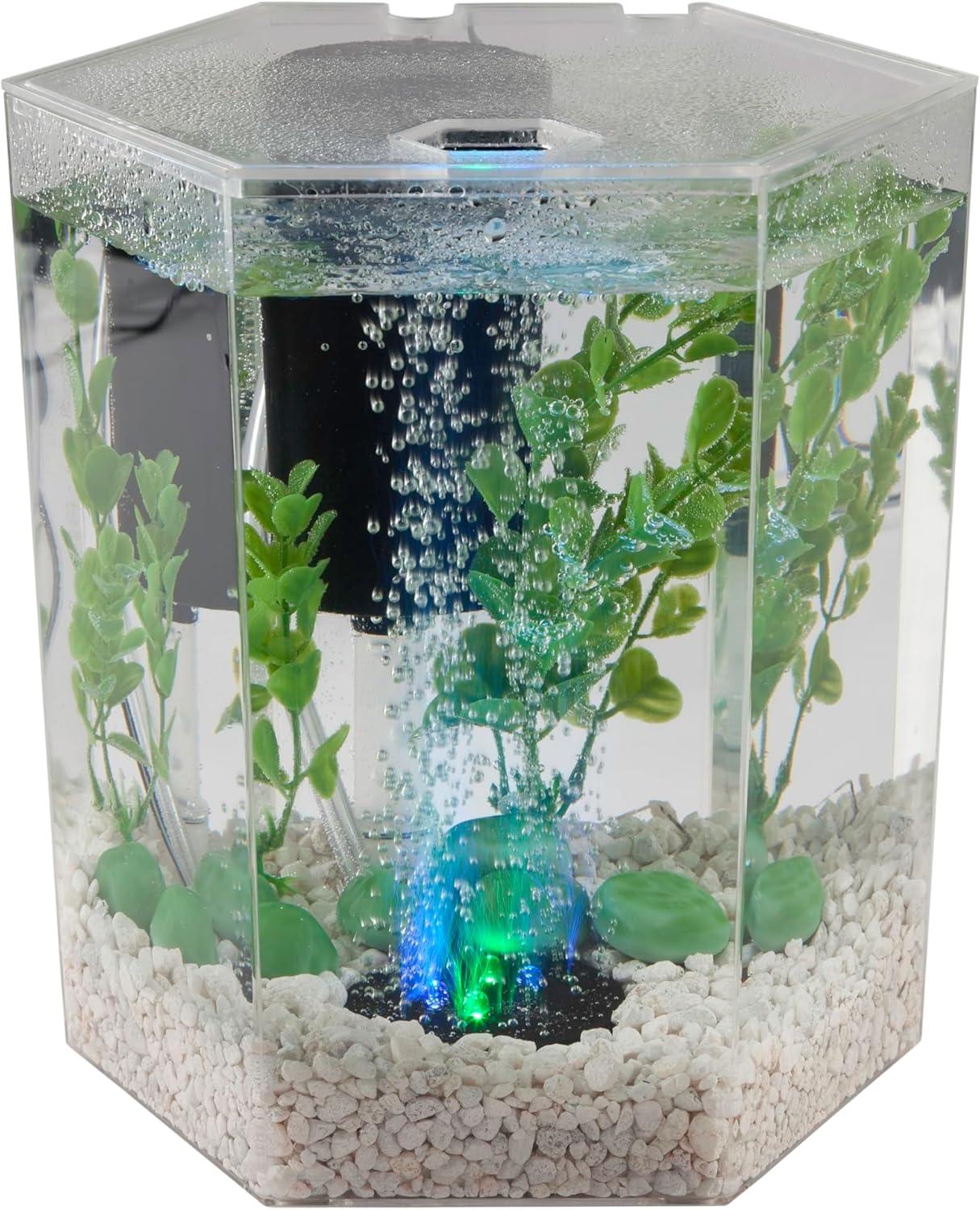 Tetra Bubbling LED Aquarium Kit 1gal Hexagon Shaped with Color-Changing Light Disc Aquarium Decor