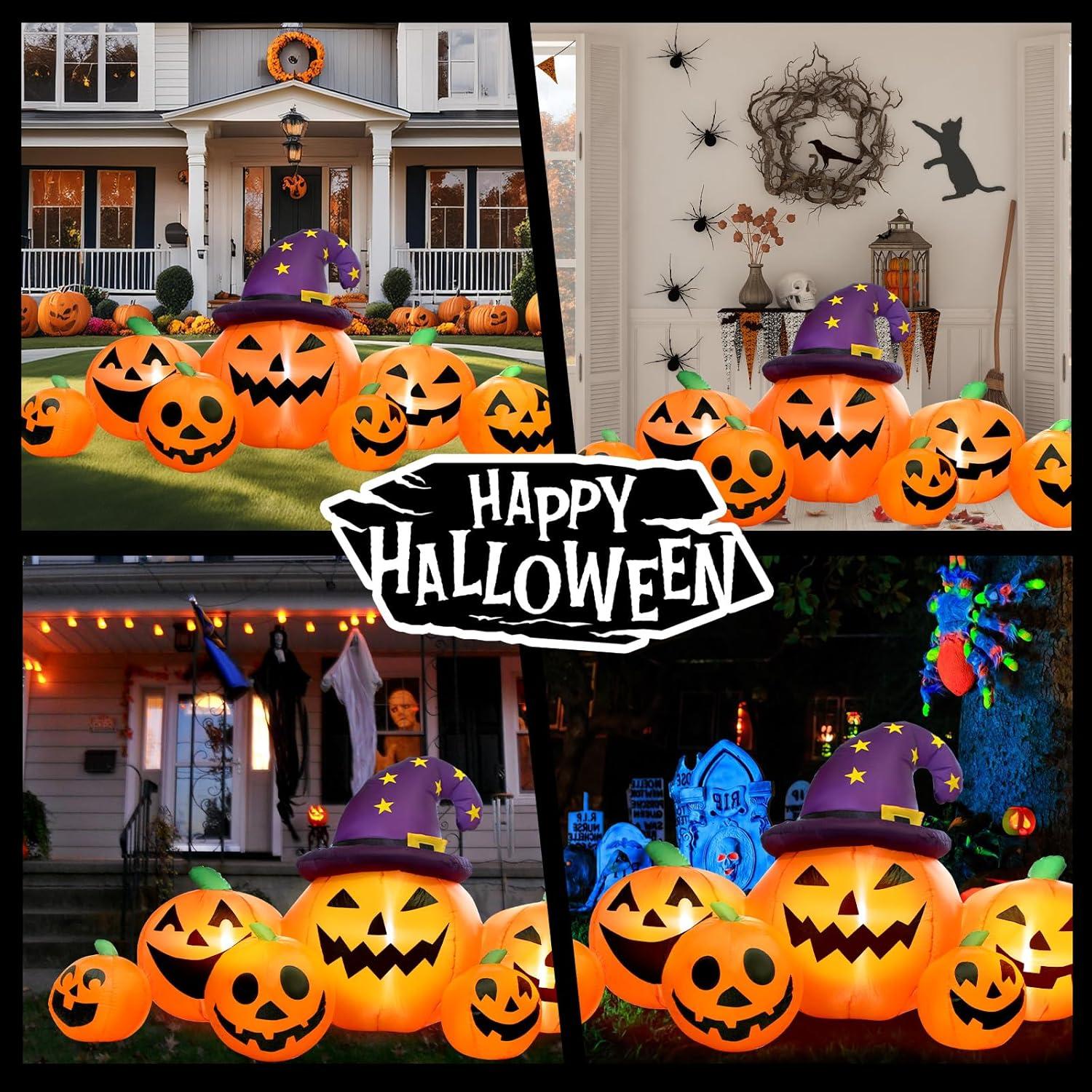 8FT Long Halloween Inflatables Outdoor Decorations, Haunted Inflatable Pumpkins With Witch Hat & Ghost Combo Blow Up Yard Decoration Built-In Leds Lighted For Lawn Garden Outside Indoor Decor