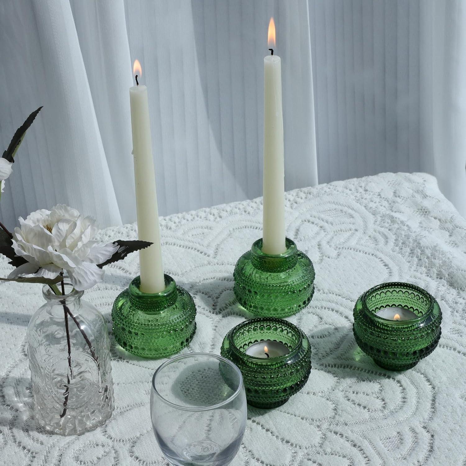 Green Ribbed Glass Reversible Candlestick Holders, Set of 4