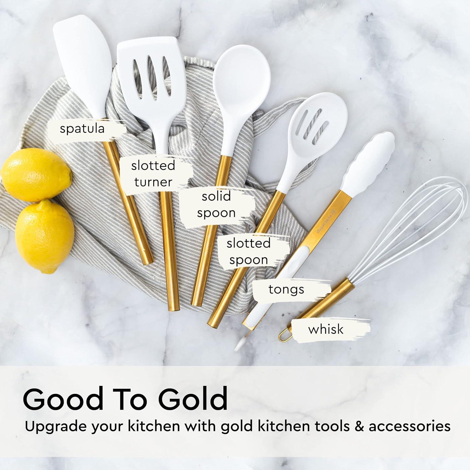 White and Gold Silicone Kitchen Utensils Set with Stainless Steel Handles