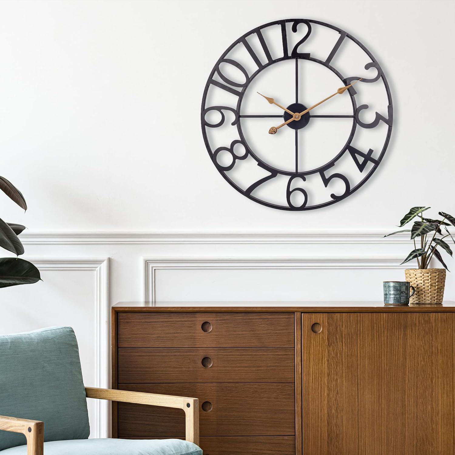 Oversized Black Metal Antique Silent Wall Clock