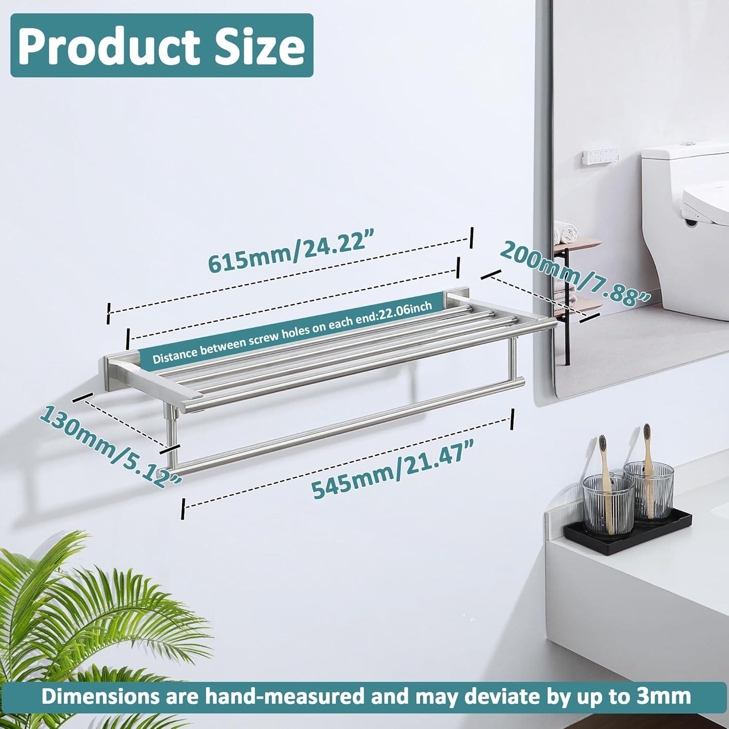 Bathroom Towel Rack，Stainless Steel Towel Shelf with Towel Bar 24-Inch Towel Holder for Bathroom Wall Mounted Towel Storage Organizer for Bathroom & Lavatory（Brushed Silver）