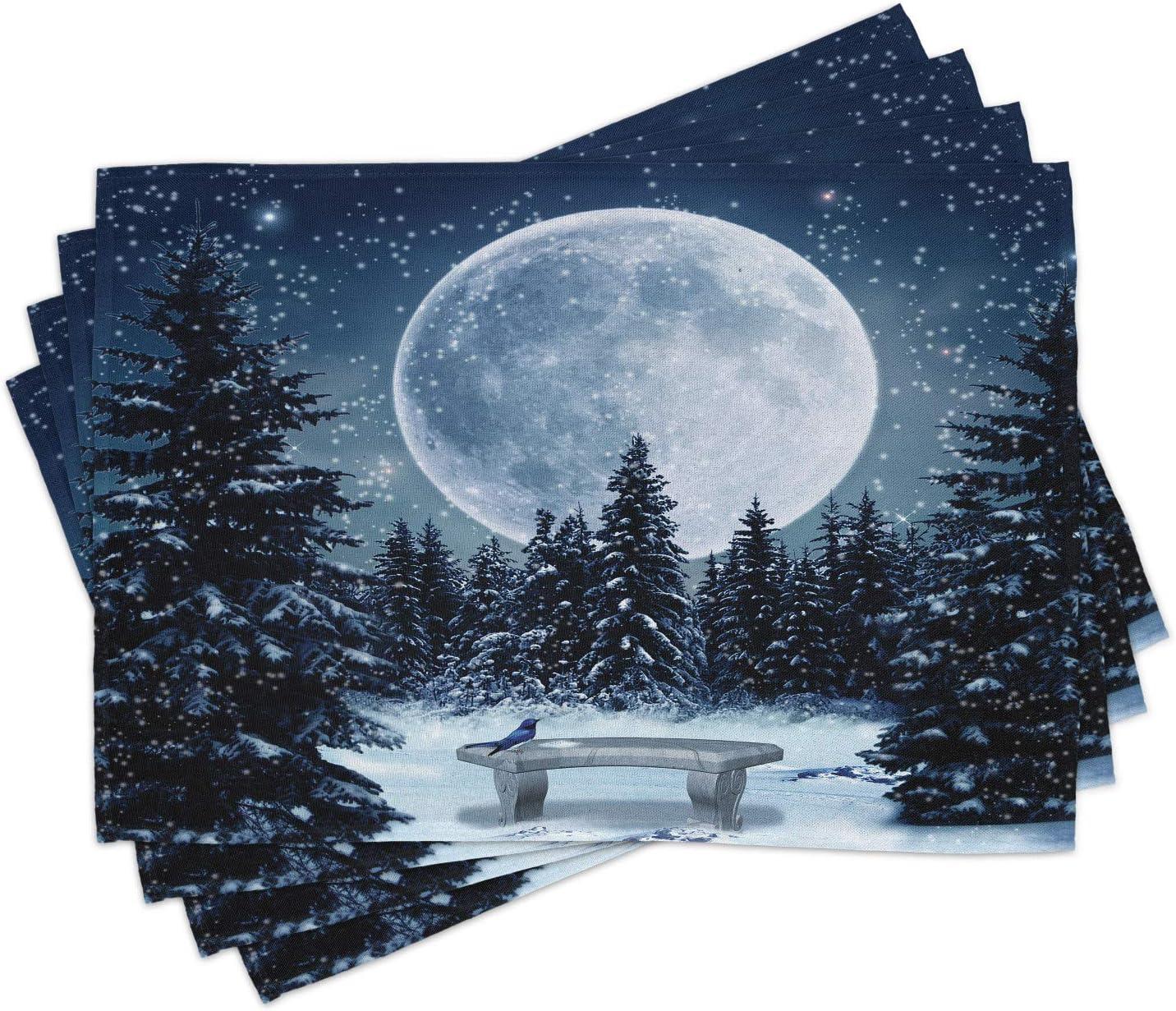 Ambesonne White Place Mats Set of 4, Moonlight Forest Bird, Standard Size, Blue White