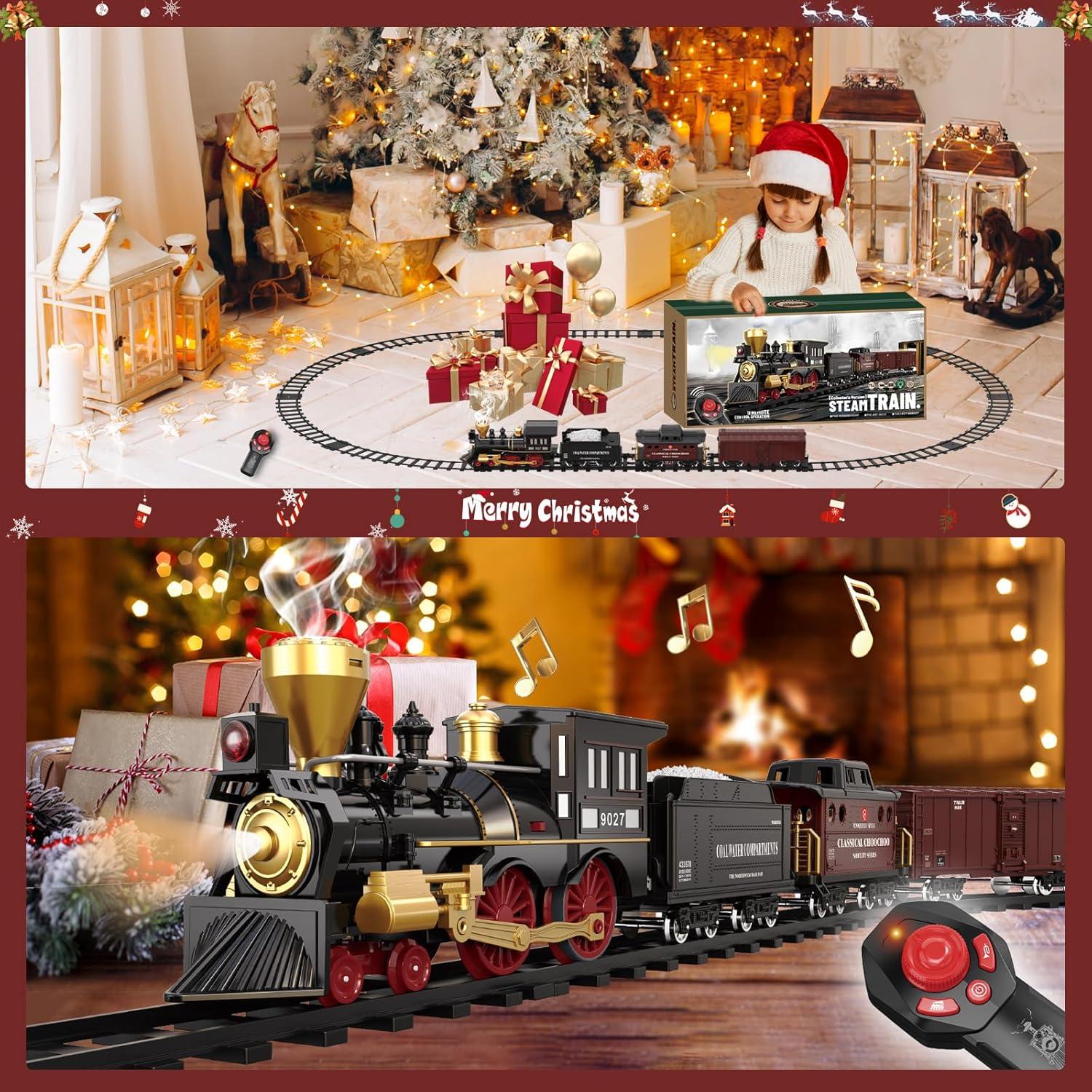Train Set for Kids Remote Control Christmas Train Toys w/Steam Locomotive,Passenger Carriage & Luxury Tracks, Electric Trains w/Realistic Smoke,Sounds & Lights, Birthday Gift for Boys Girls 3 4 5 6 7
