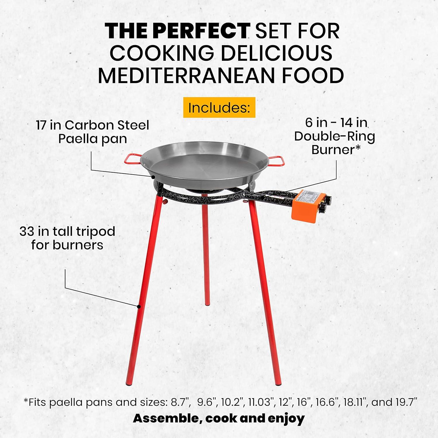 Machika Paella Pan Set with Burner Carbon Steel Outdoor Pan and Legs Manufactured by Garcima (Andreu I 12 Servings)