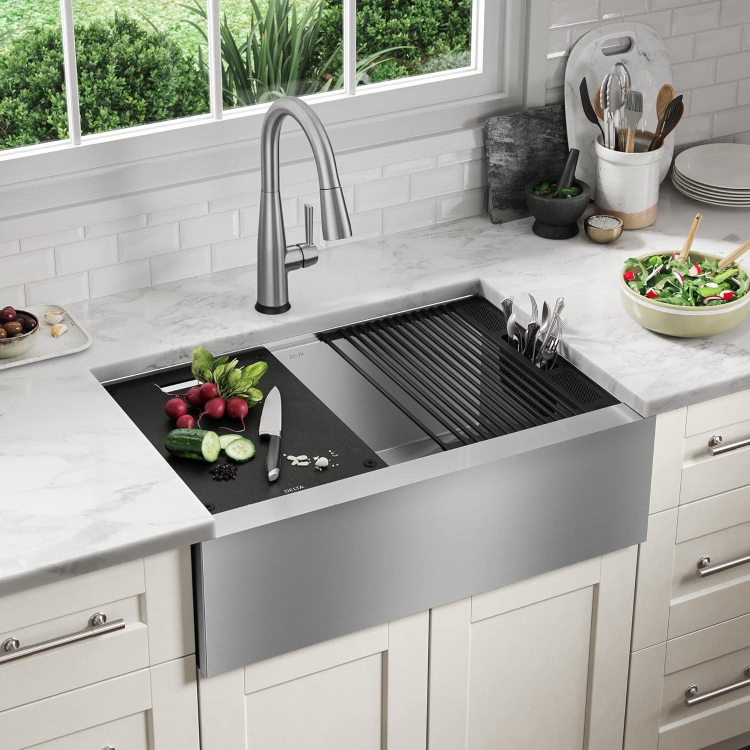 Delta Rivet™ 30" L Workstation Farmhouse Apron Front Kitchen Sink Undermount 16 Gauge Stainless Steel Single Bowl