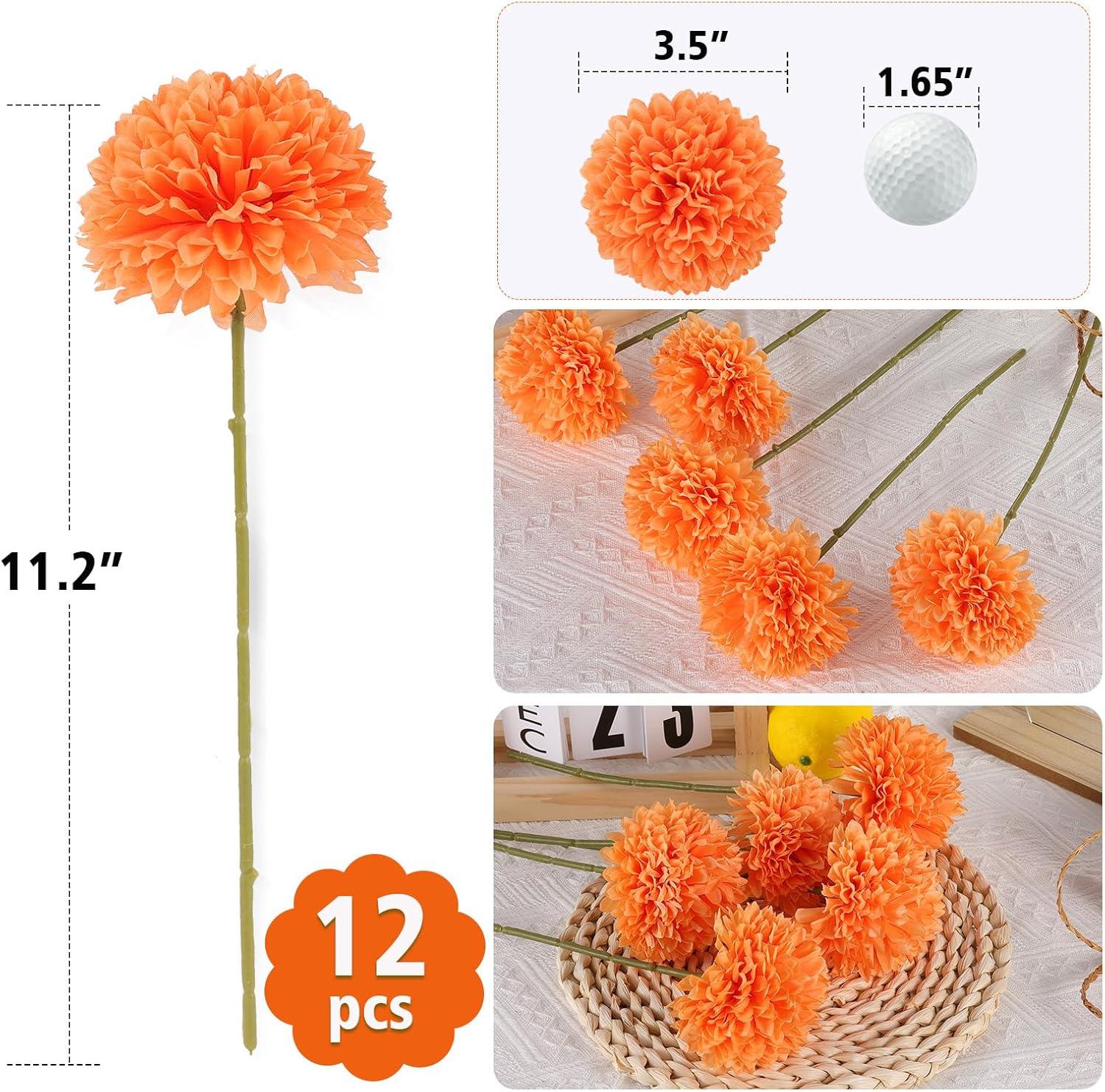 12pcs Orange Fake Flowers 12" Artificial Chrysanthemum Ball Silk Flowers Bouquet for Home Kitchen Wedding Table Arrangement Decorations