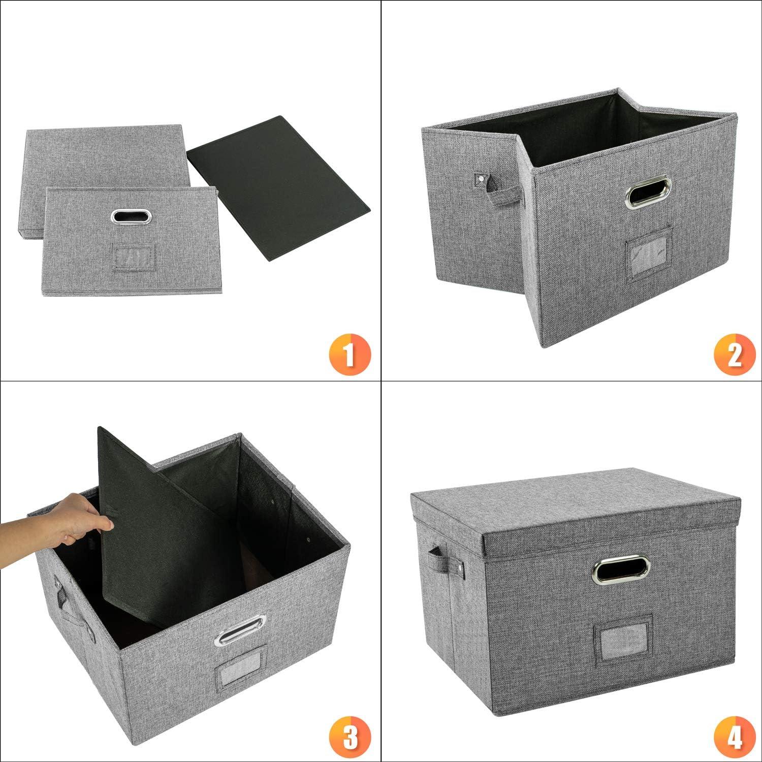 Gray Linen Collapsible File Box with Hanging Folders