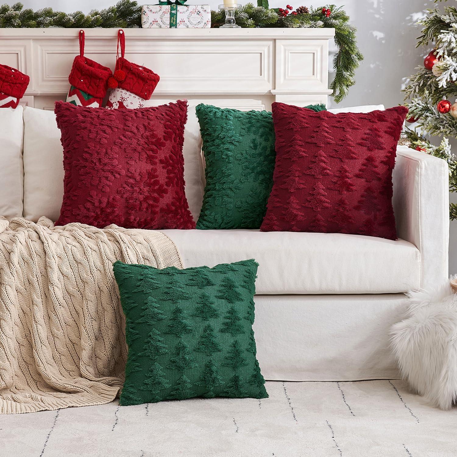 UGASA Pillow Covers 20x20 Inch Set of 2 Soft Plush Faux Fur Christmas Tree Decorative Luxury Jacquard Throw Pillows Pillowcases for Couch Sofa Holiday Festivals Home Decor, Burgundy