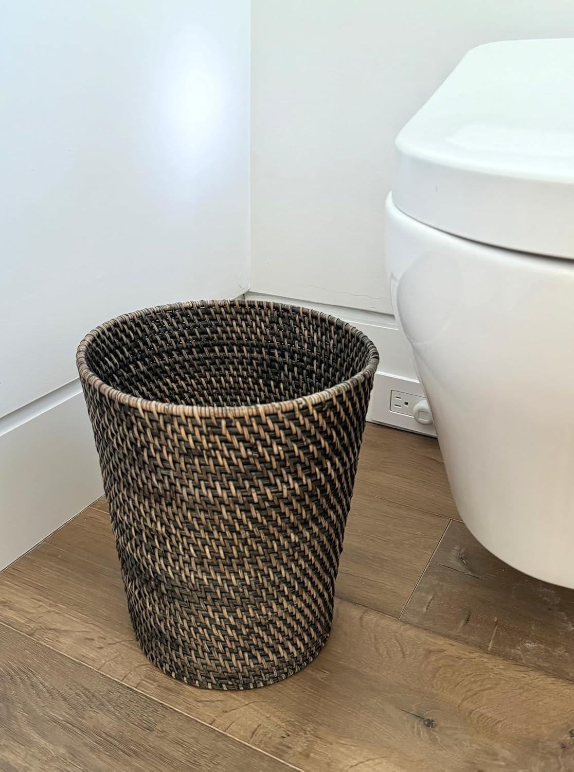 Kouboo Loma Round Rattan Paper Waste Basket, Bathroom, Basket for Dry Or Organic Waste, Basket Garbage, Container Bin, Black Antique