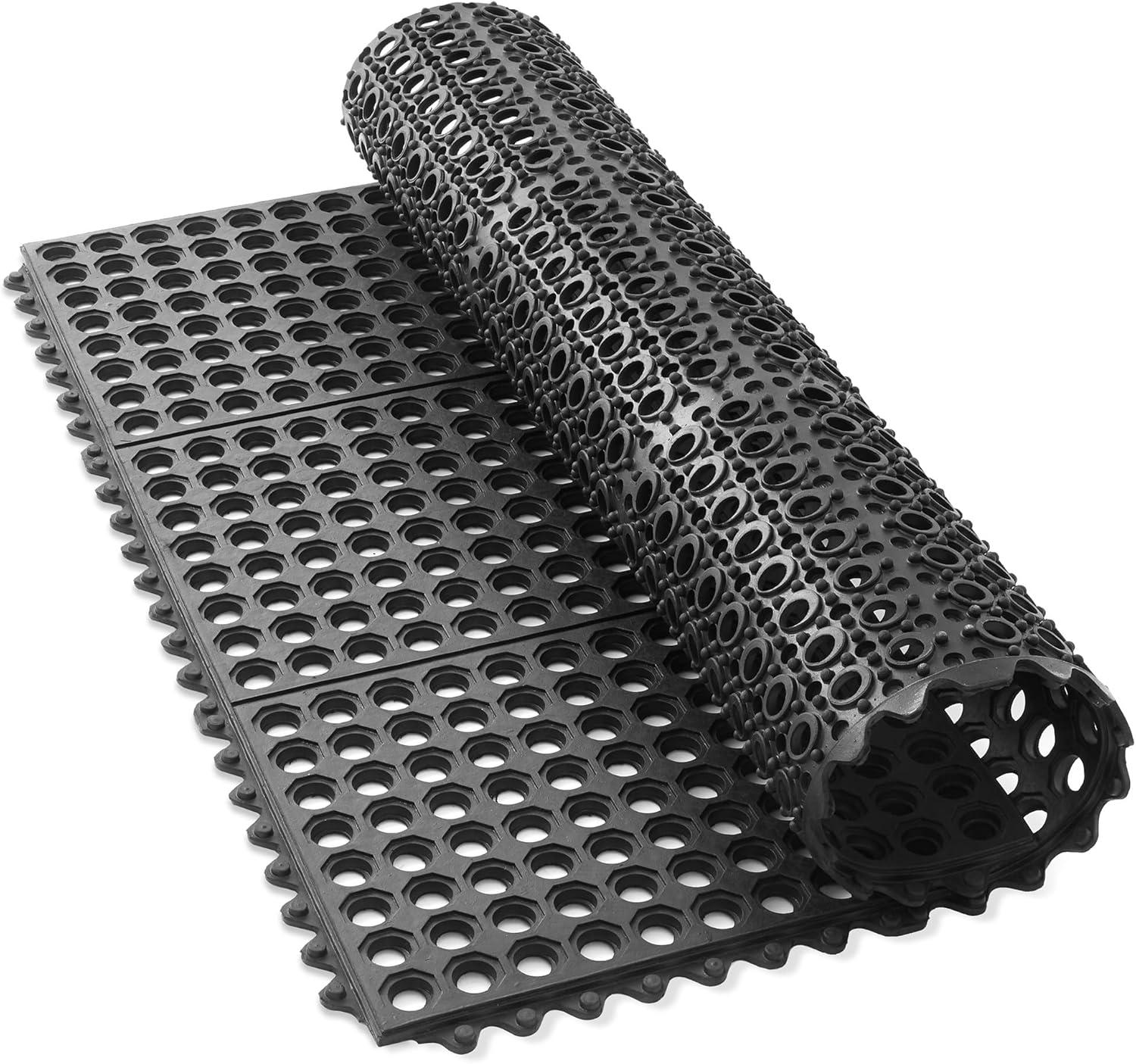 GRIDMANN Commercial Restaurant Floor Mat, 36" x 36" Interlocking Mat, Non-Slip and Grease Resistant Anti-Fatigue Rubber Kitchen Drainage Mat, Black