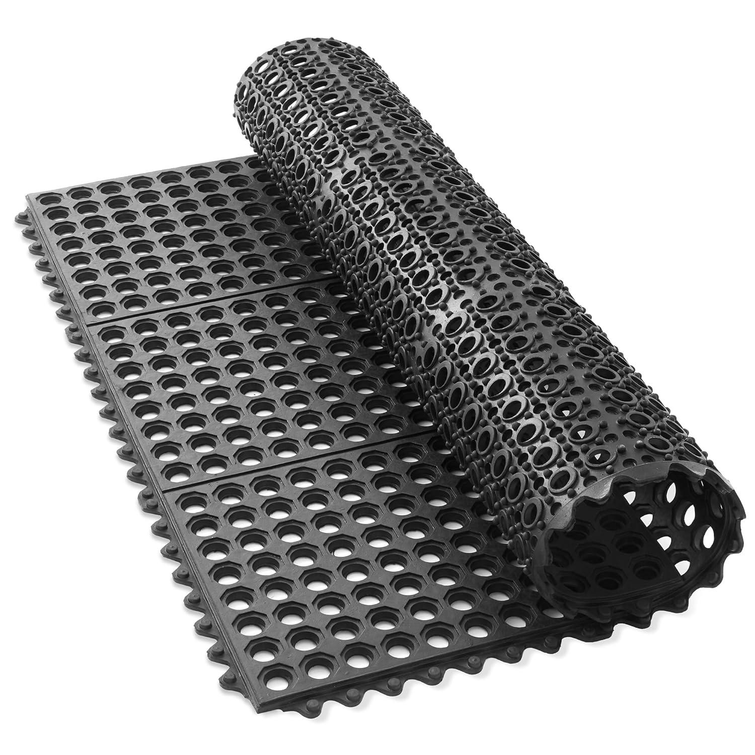GRIDMANN Commercial Restaurant Floor Mat, 36" x 36" Interlocking Mat, Non-Slip and Grease Resistant Anti-Fatigue Rubber Kitchen Drainage Mat, Black