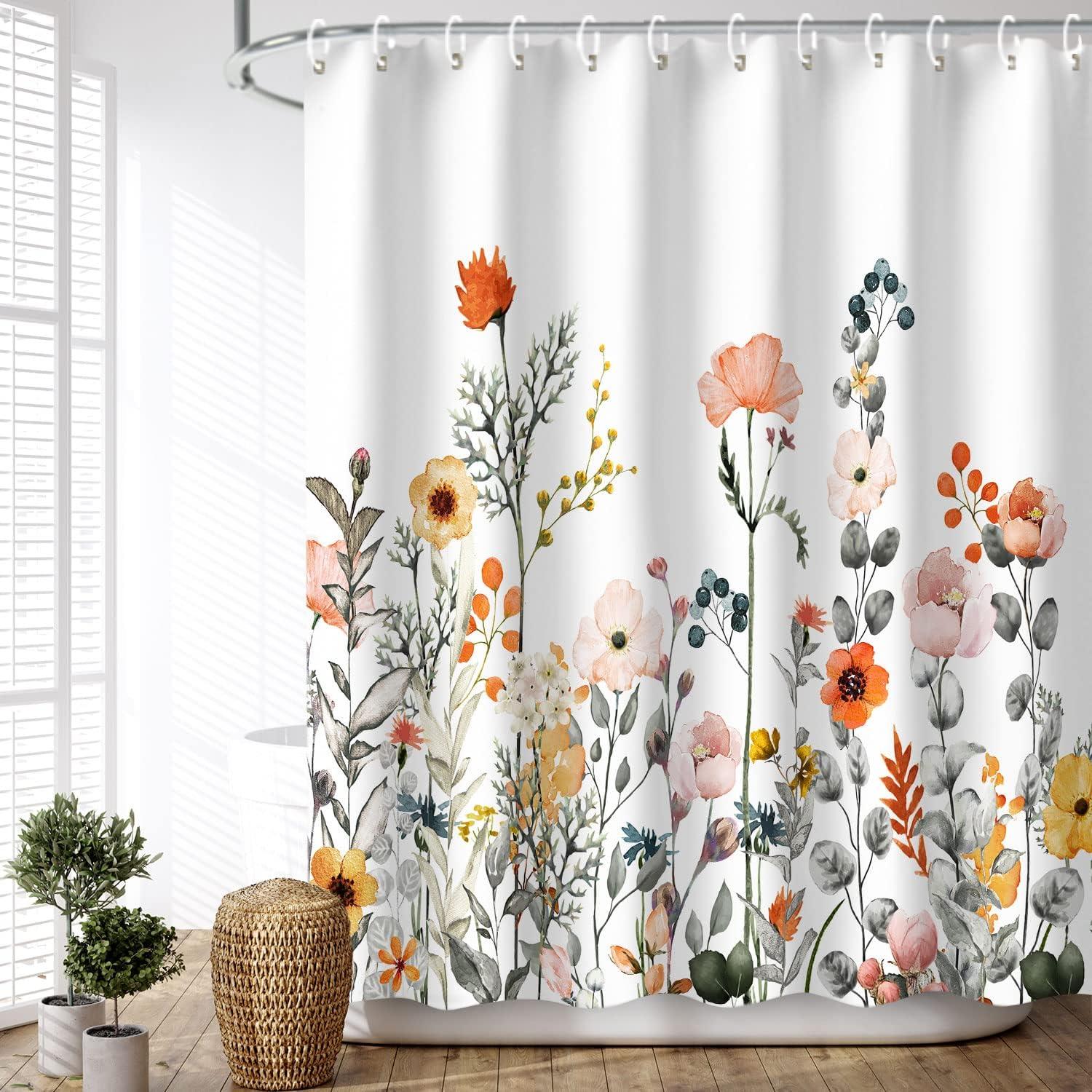 Colorful Floral Wildflower Polyester Shower Curtain with Hooks