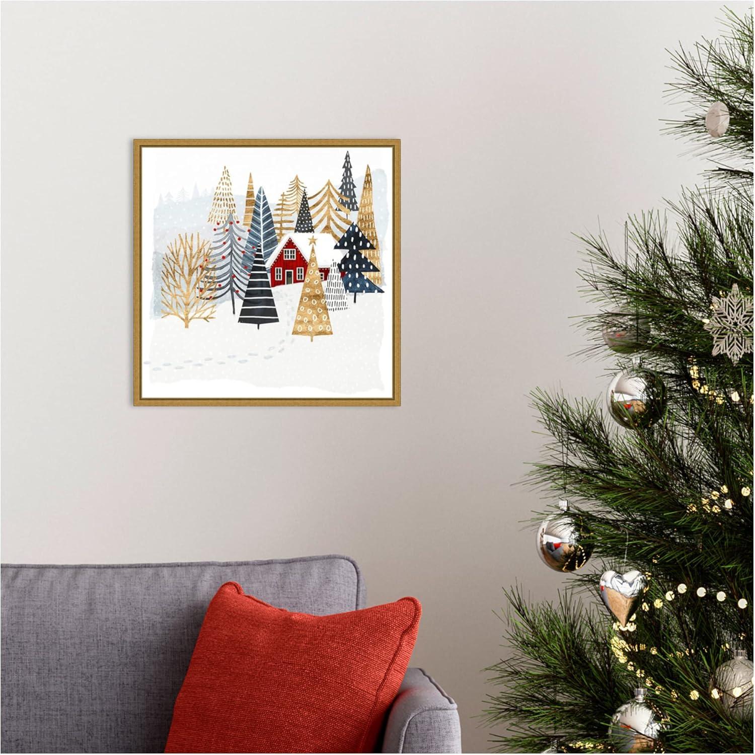 Christmas Chalet Red Cabin Canvas Print with Gold Frame