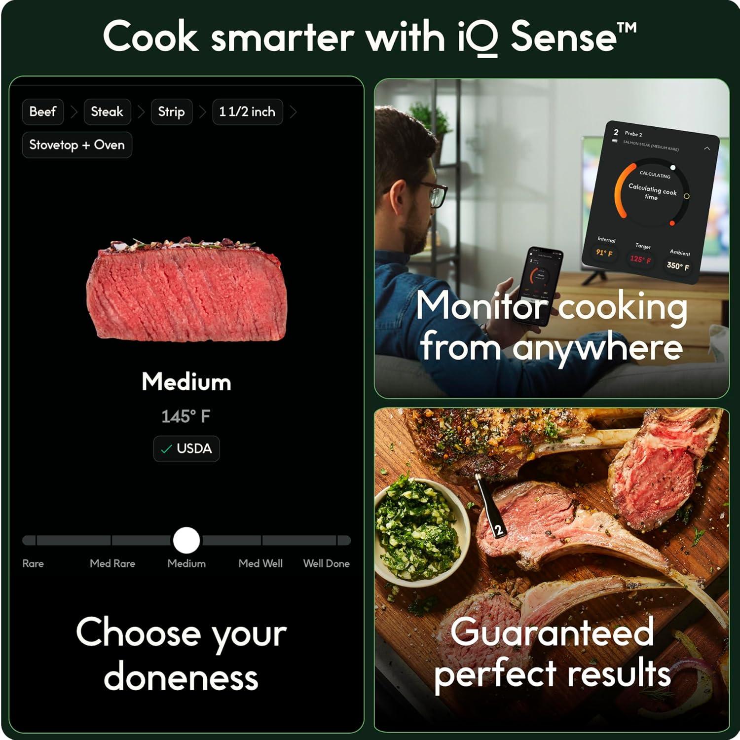 CHEF iQ Sense Smart Wireless Ultra-Thin Meat Thermometer, Unlimited Range, Bluetooth & Wifi, - 3 Probe Set with Smart Hub