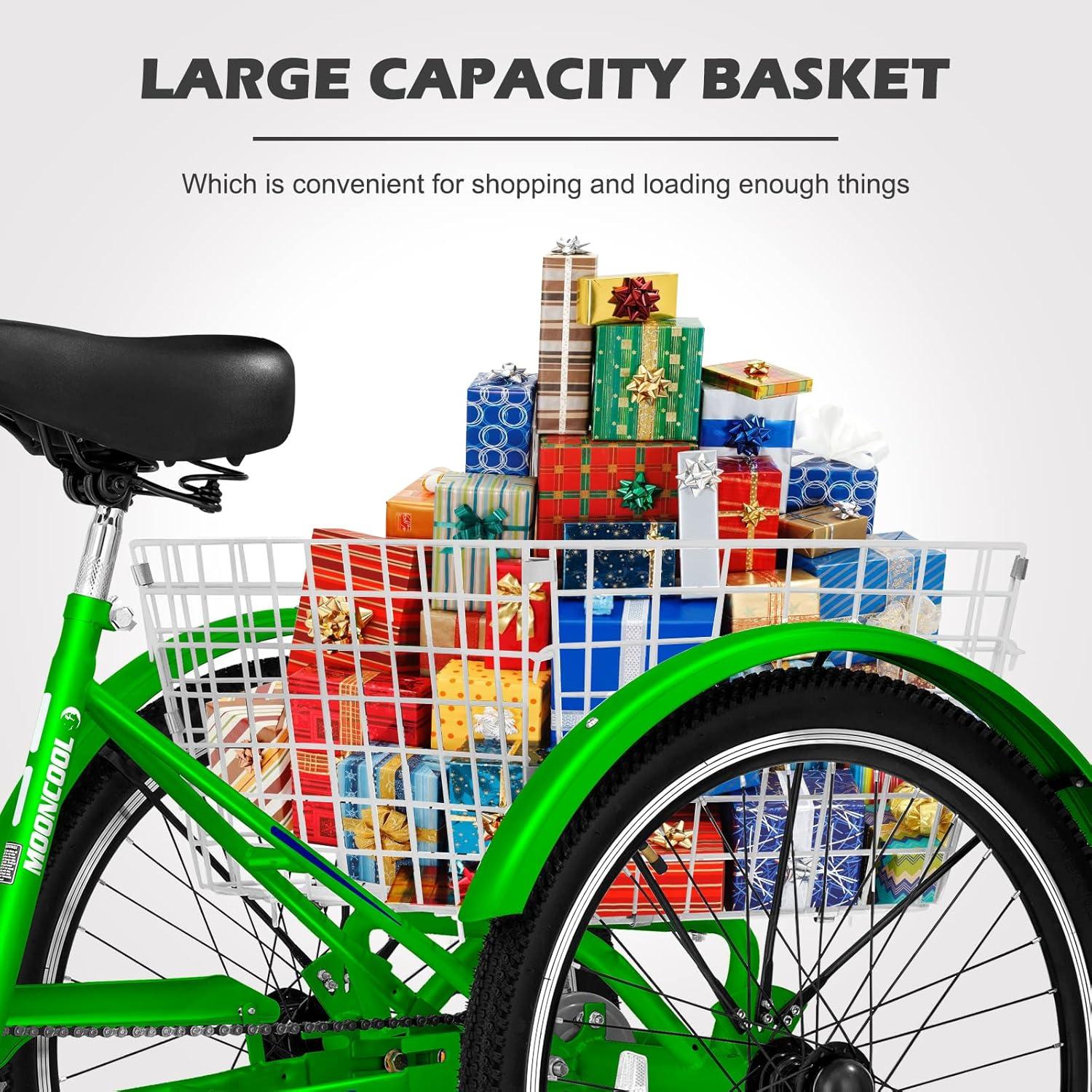 MOPHOTO Adult Tricycles 3 Wheel 7 Speed Trikes, 24 inch with Big Basket for Shopping, Picnics Exercise Men's Women's Cruiser Bike