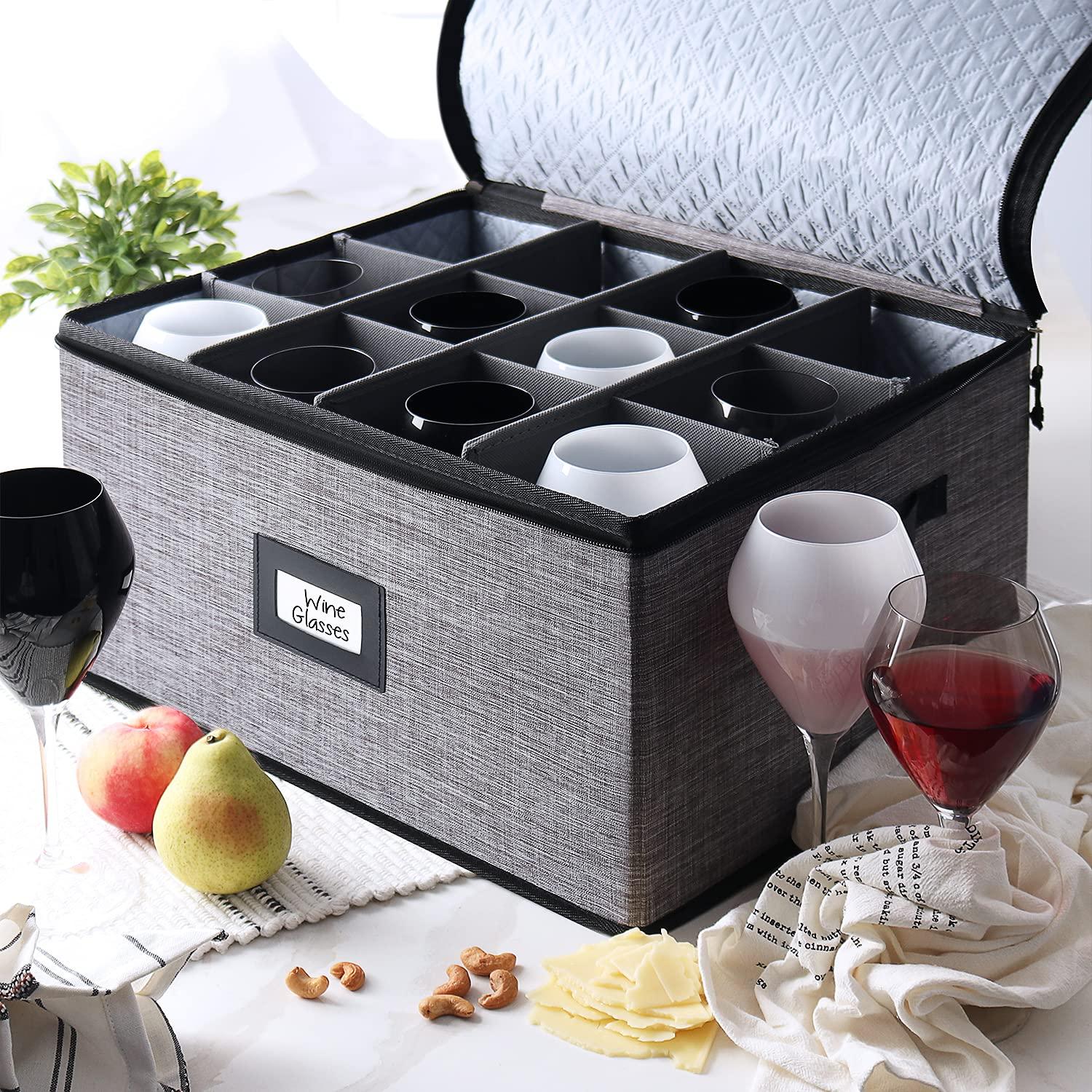 StorageBud 2 Pack Wine Glass Storage Box, Quilted and Stackable Stemware Storage Cases - Service of 12 each