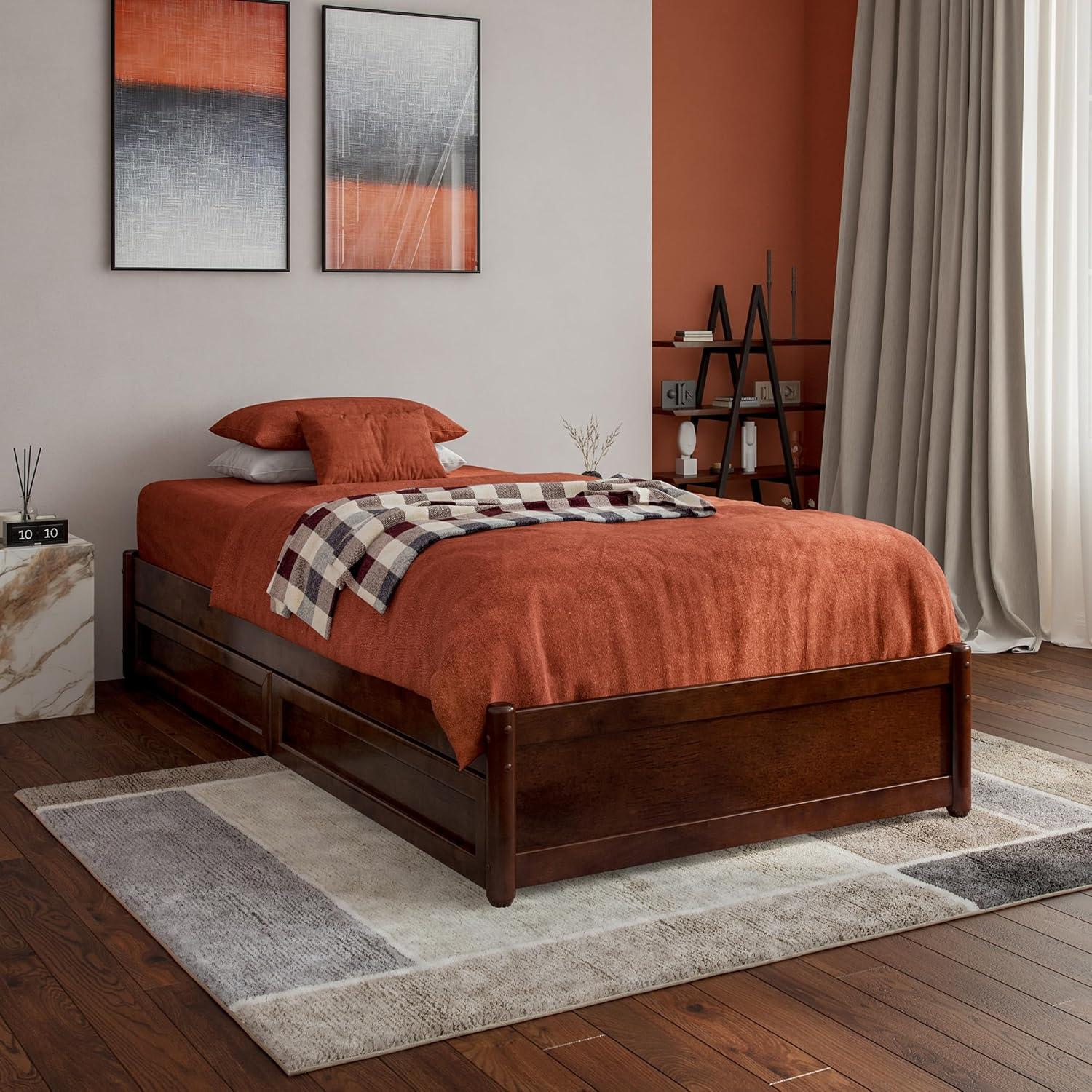 Barcelona Full Solid Wood Panel Platform Bed with Storage Drawers in Walnut