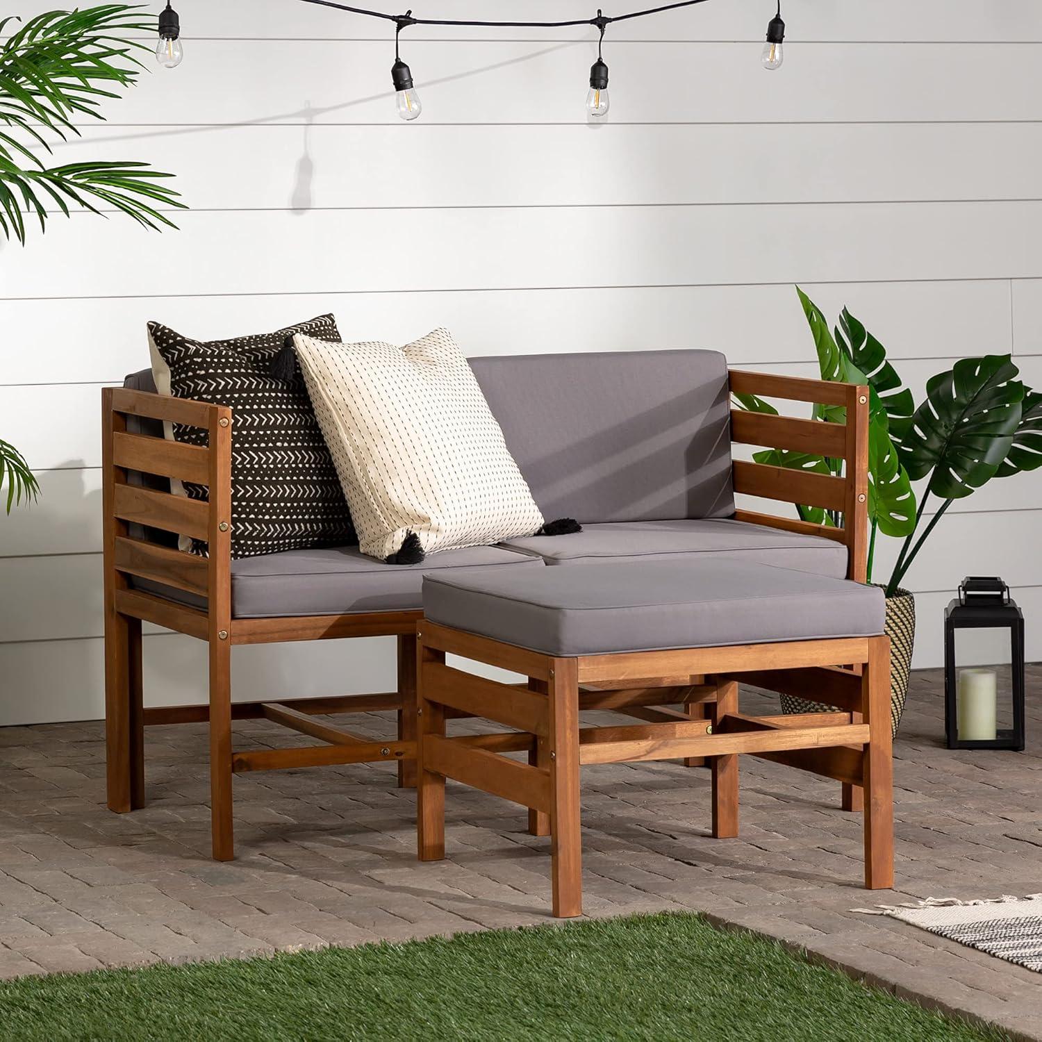 Walker Edison Modular Outdoor Acacia Chairs with Ottoman 3 Piece Set in Brown