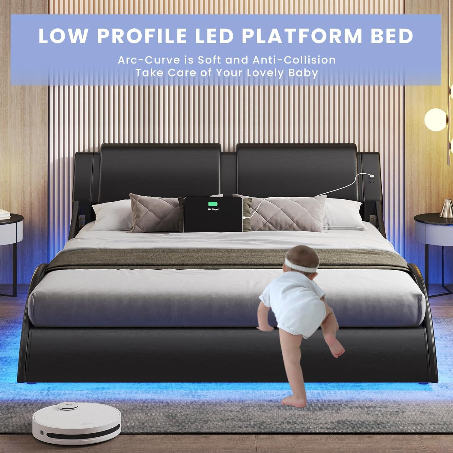 Queen Bed Frame Wave Like Curve Upholstered Platform Bed Frame with RGB Led Lights Underneath, Strong Wood Slats Support,Black