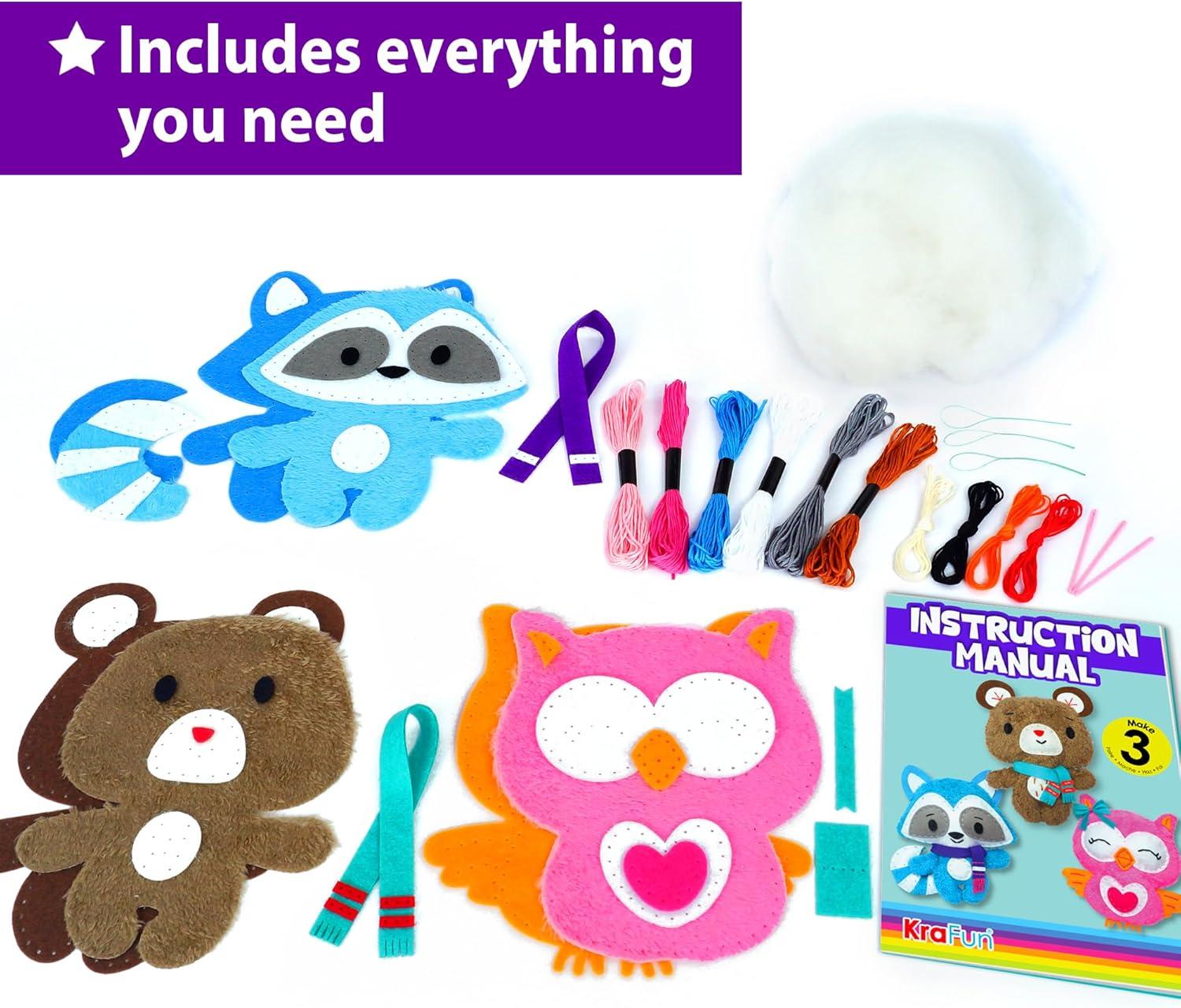 Kids' Teddy, Raccoon, and Owl Sewing Kit with Plush Felt