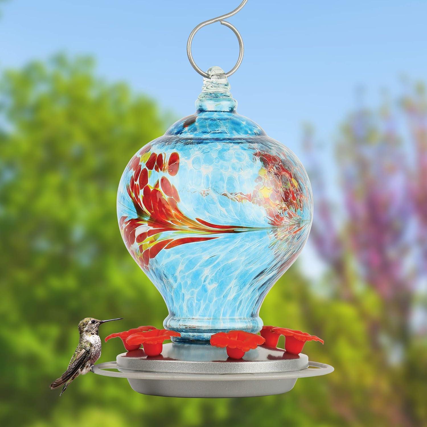 Sunny Day Hand Blown Glass Hummingbird Feeder with Metal Base