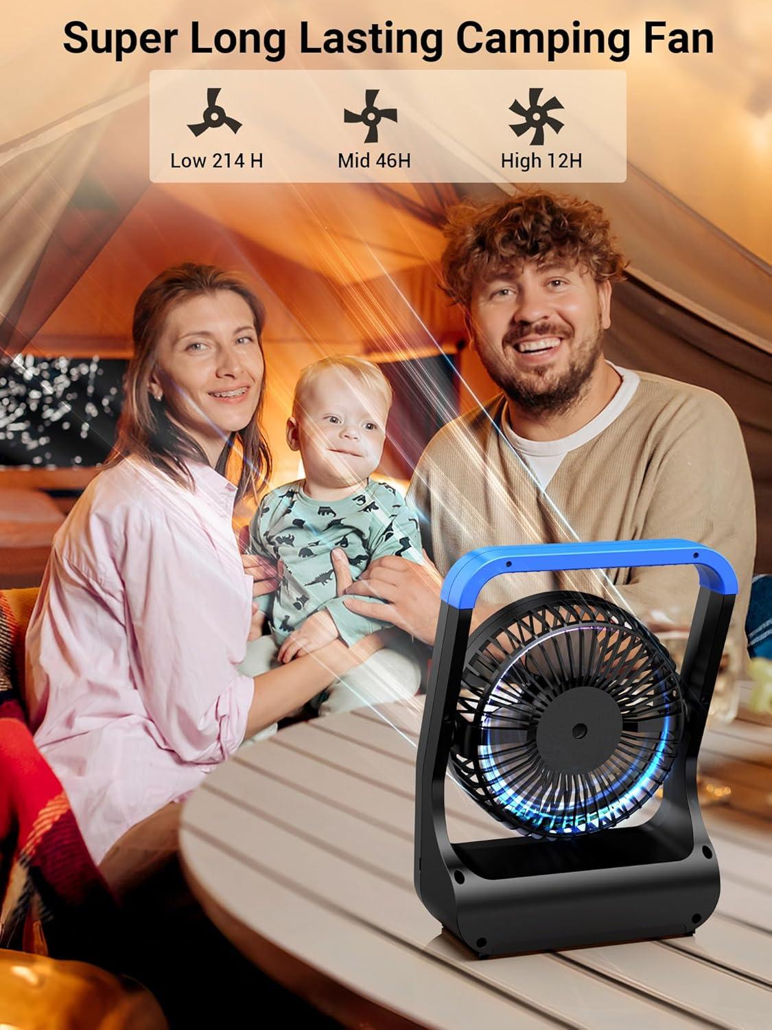Gazeled Battery Operated Fan,Camping Fan, Super Long Lasting, Portable D-Cell Battery Powered Desk Fan with Timer,3 Speeds, Quiet, 180° Rotation,Cooling Fan for Bedroom,Home,Office,Outdoor, 5'',Blue