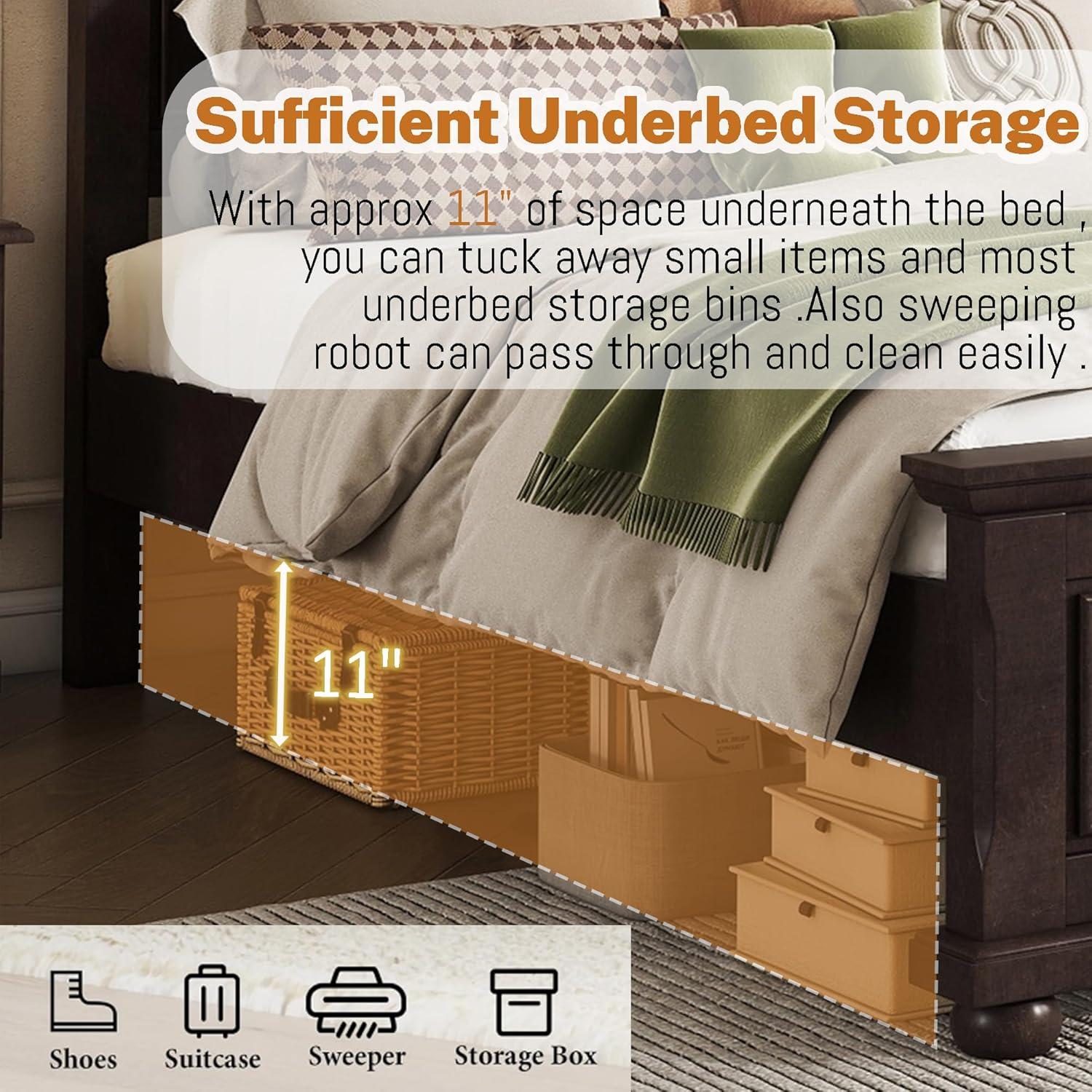 King Size Platform Bed with Tall Headboard & Footboard, Pinewood King Bed Frame with Wood Panel Bed Base, No Squeak, No Box Spring Needed, Traditional Style, Brown