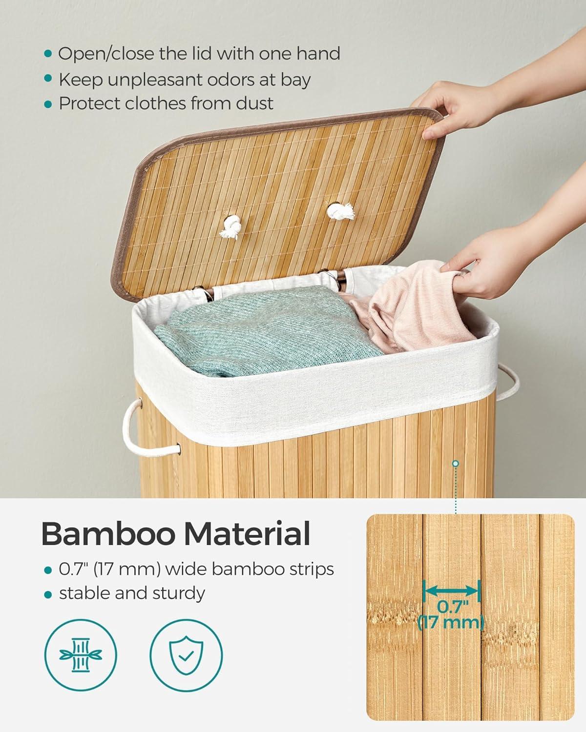 Natural Bamboo Foldable Laundry Hamper with Lid and Handles