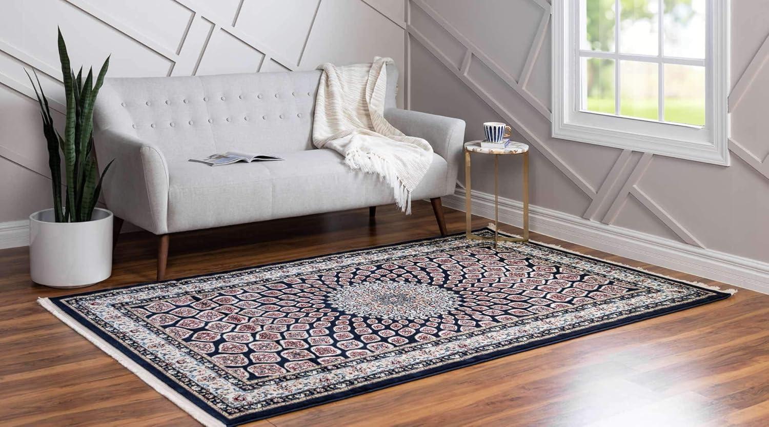 Navy Blue and Beige Rectangular 8' x 10' Synthetic Area Rug