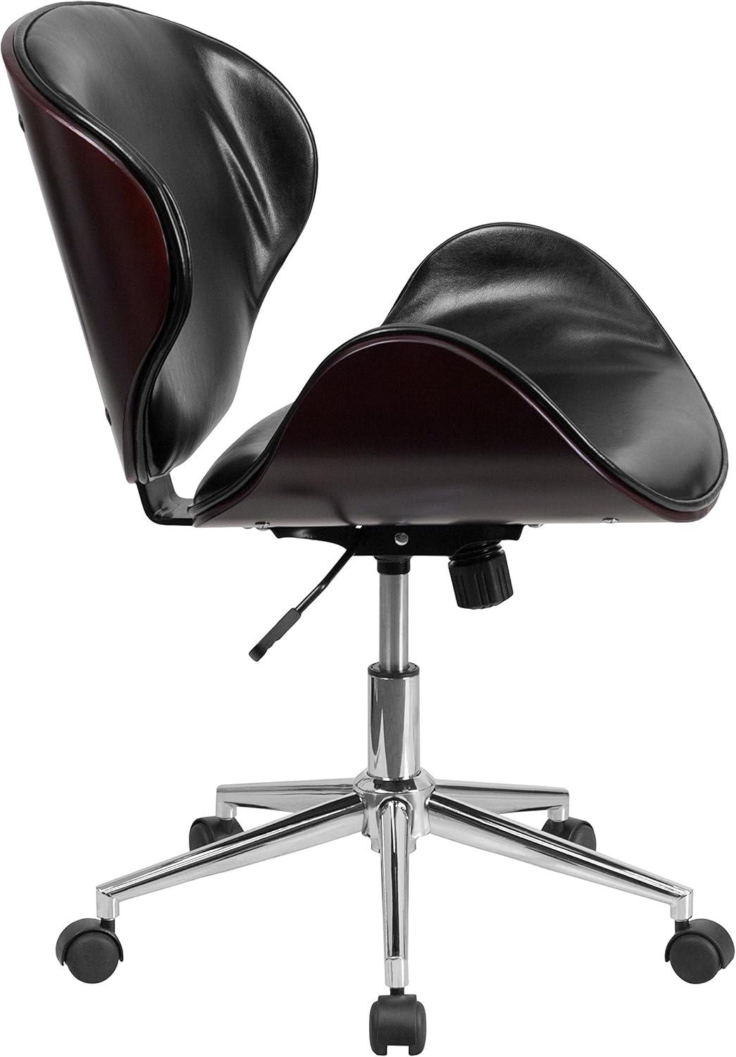 Ergonomic Mahogany Wood and Black Leather Mid-Back Swivel Office Chair