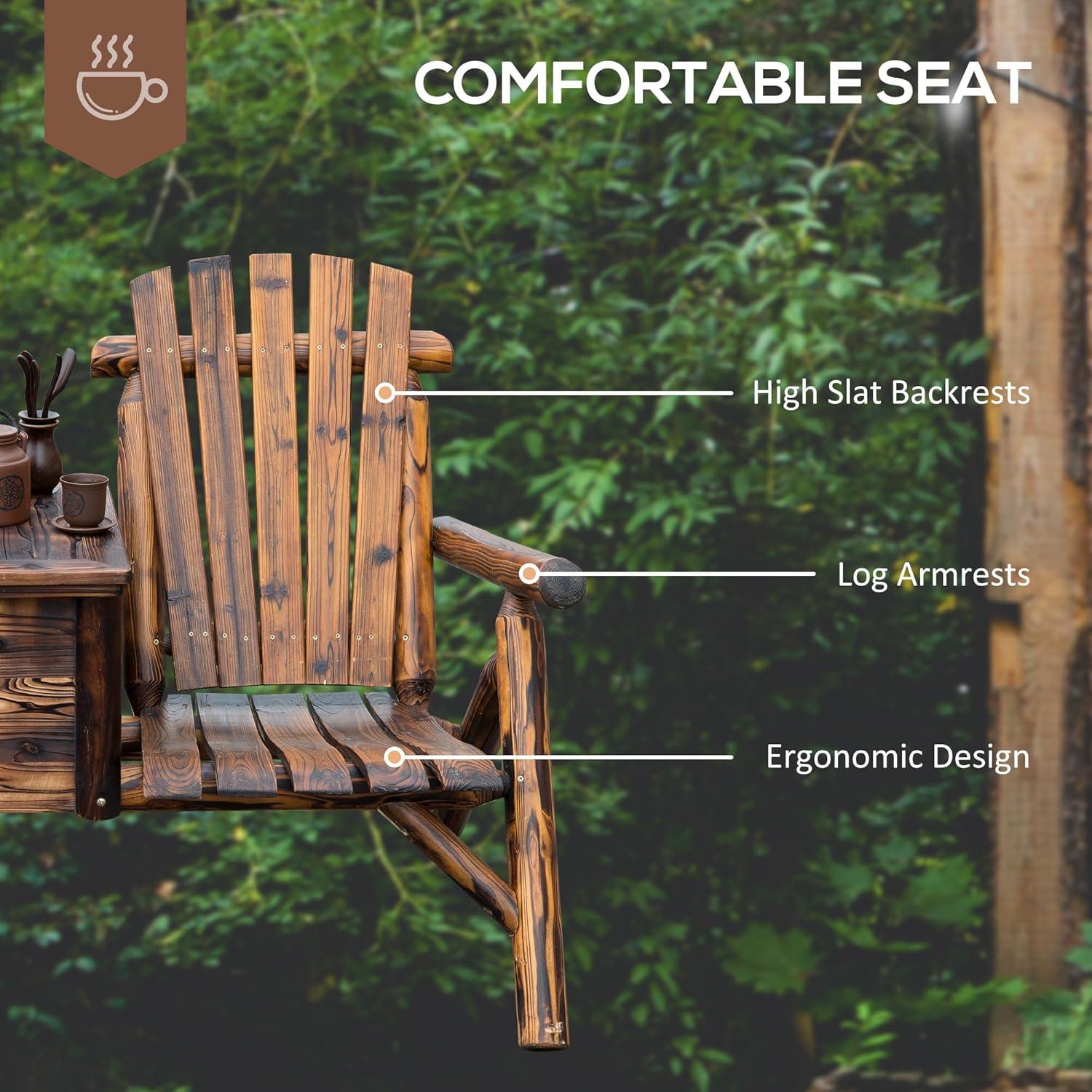 Outsunny Wooden Double Adirondack Chair Loveseat with Inset Ice Bucket, Table, Rustic Look, & Weather-Resistant Varnish