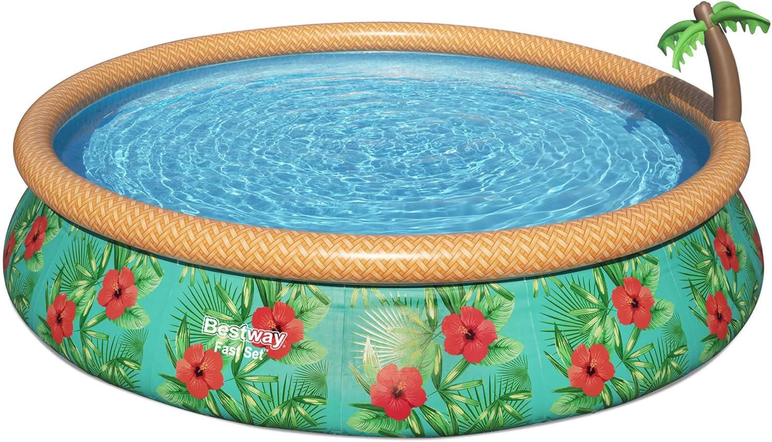 Bestway Fast Set Paradise Palms 15' x 33" Round Inflatable Outdoor Swimming Pool Set with Built-In Palm Tree Sprinkler and Filter Pump