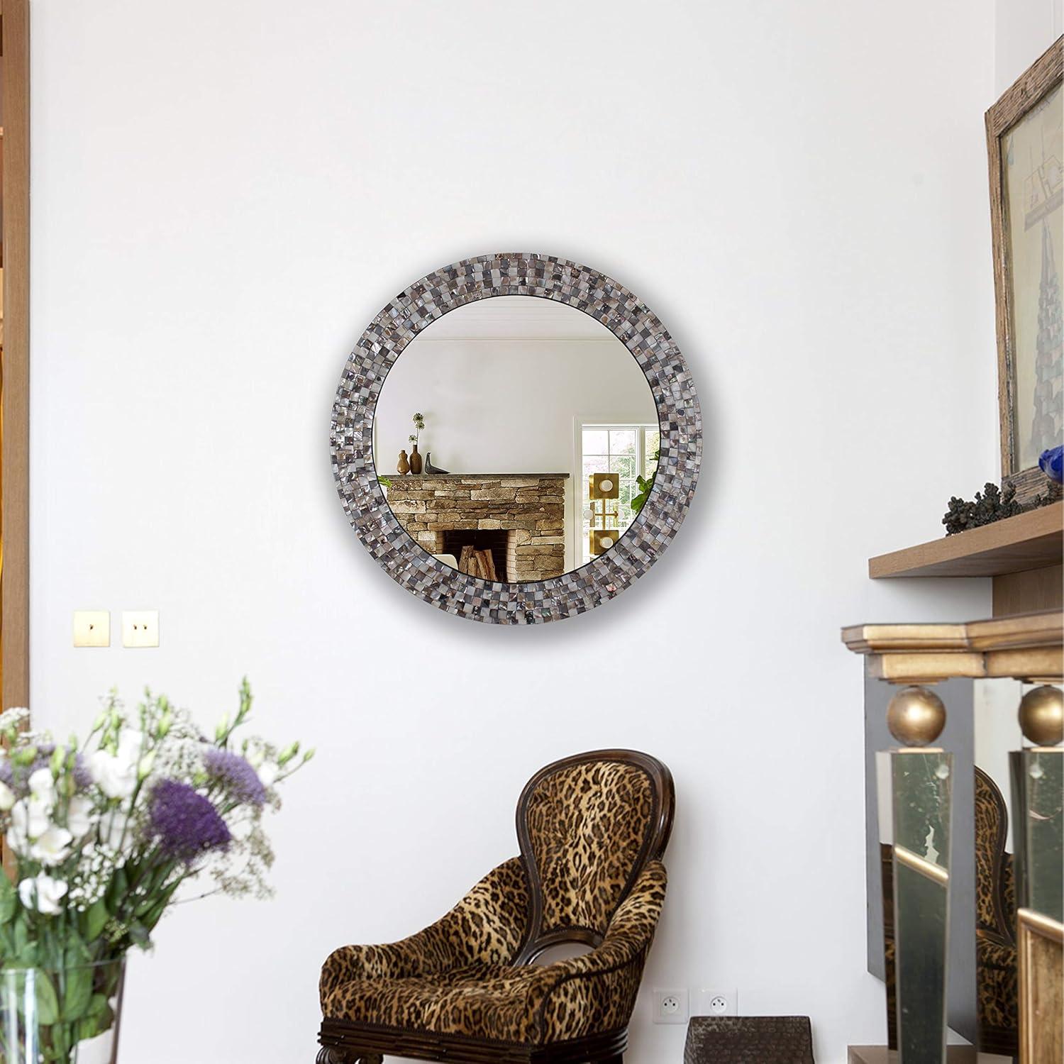 Chloe Lighting Reflection Vertical Hanging Seashell Finish Round Framed Wall Mirror 30`` Height