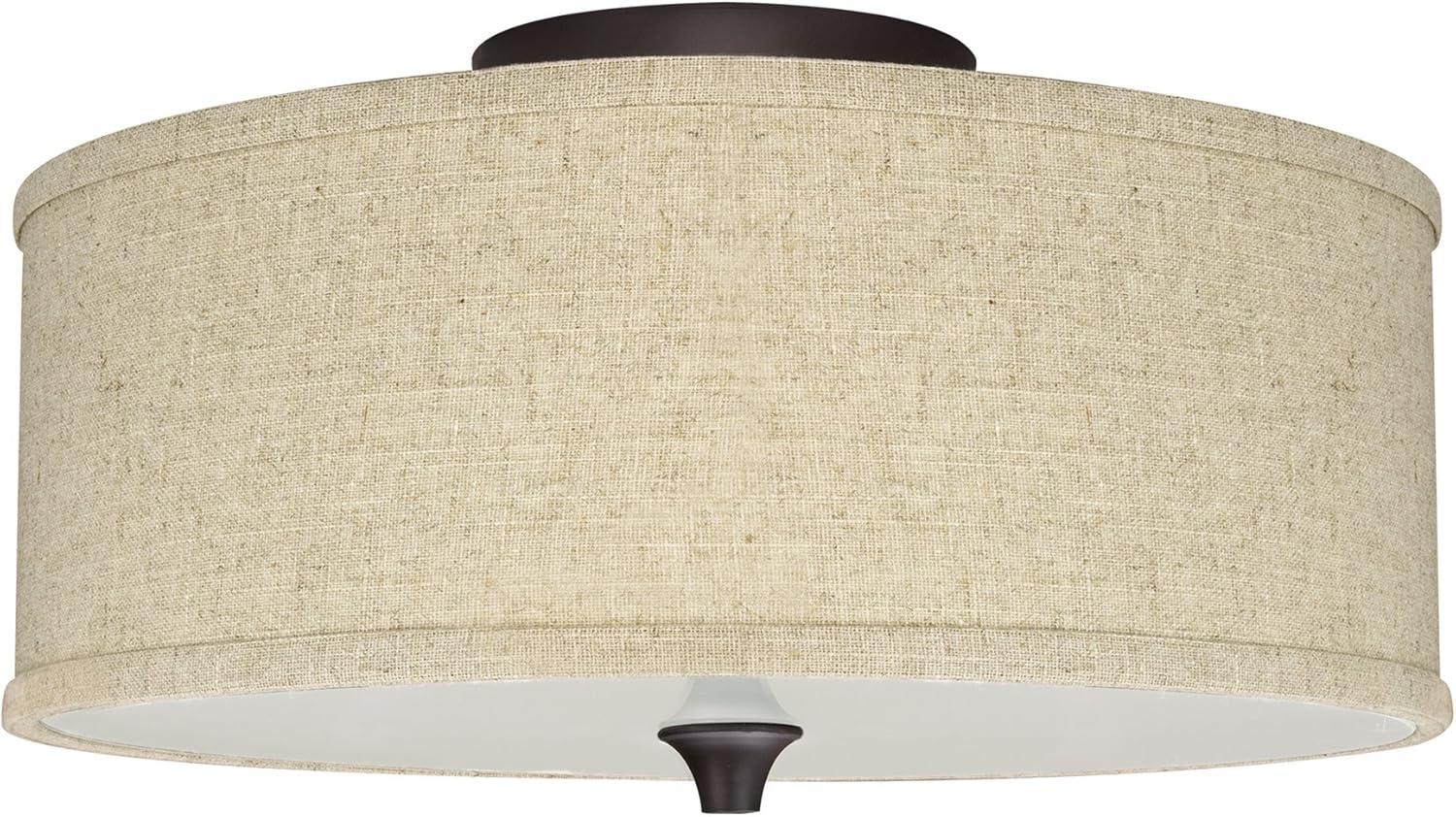 Kira Home Newport 14" Modern 2-Light Semi-Flush Mount Ceiling Light + Beige Linen Drum Shade, Oil-Rubbed Bronze Finish