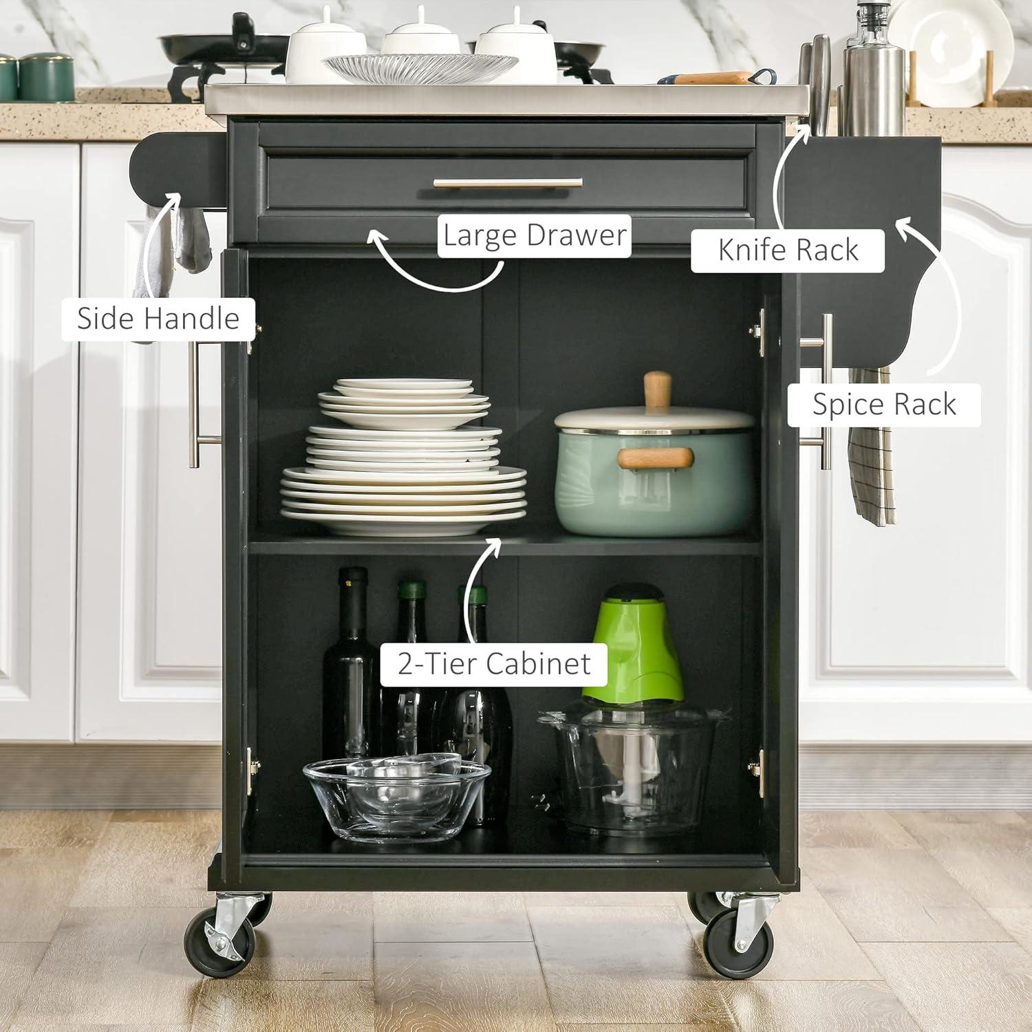 HOMCOM Rolling Kitchen Island Utility Trolley, Storage Cart on Wheels With Drawer