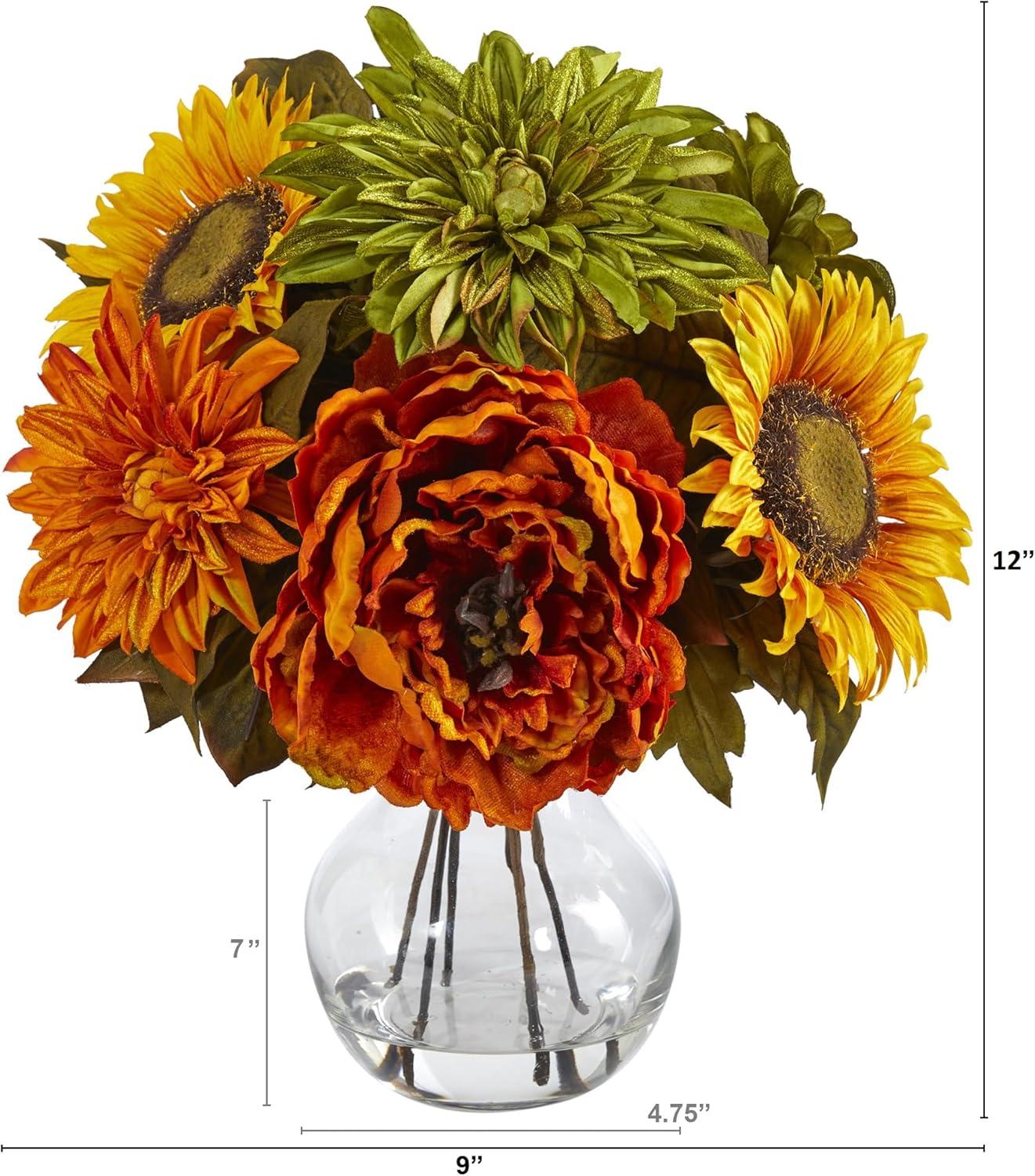 HomeStock Eclectic Elegance 12In. Peony, Dahlia And Sunflower Artificial Arrangement In Glass Vase