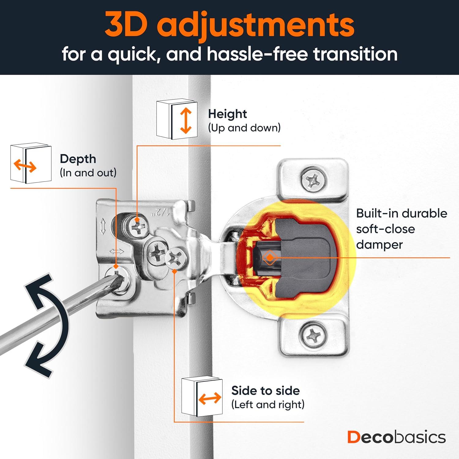 Decobasics 105 Degree 3 Way Adjustability 1/2" Overlay Hinge