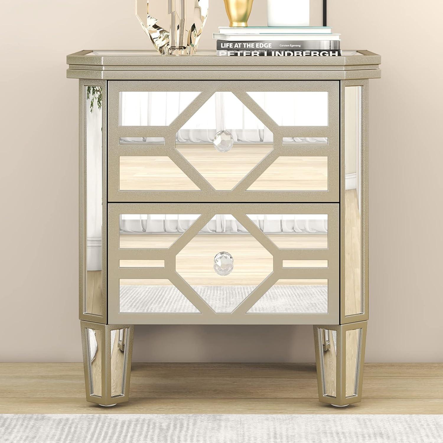 Elegant Silver Mirrored 2-Drawer Nightstand with Golden Accents