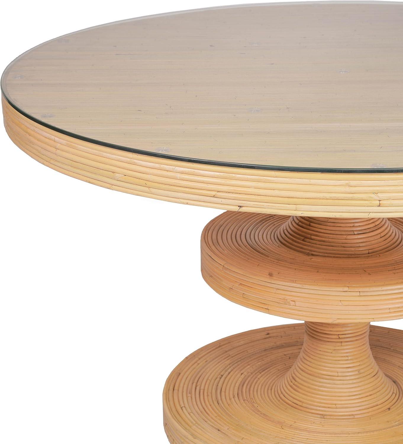 Beige Rattan and Glass Round Dining Table for Six