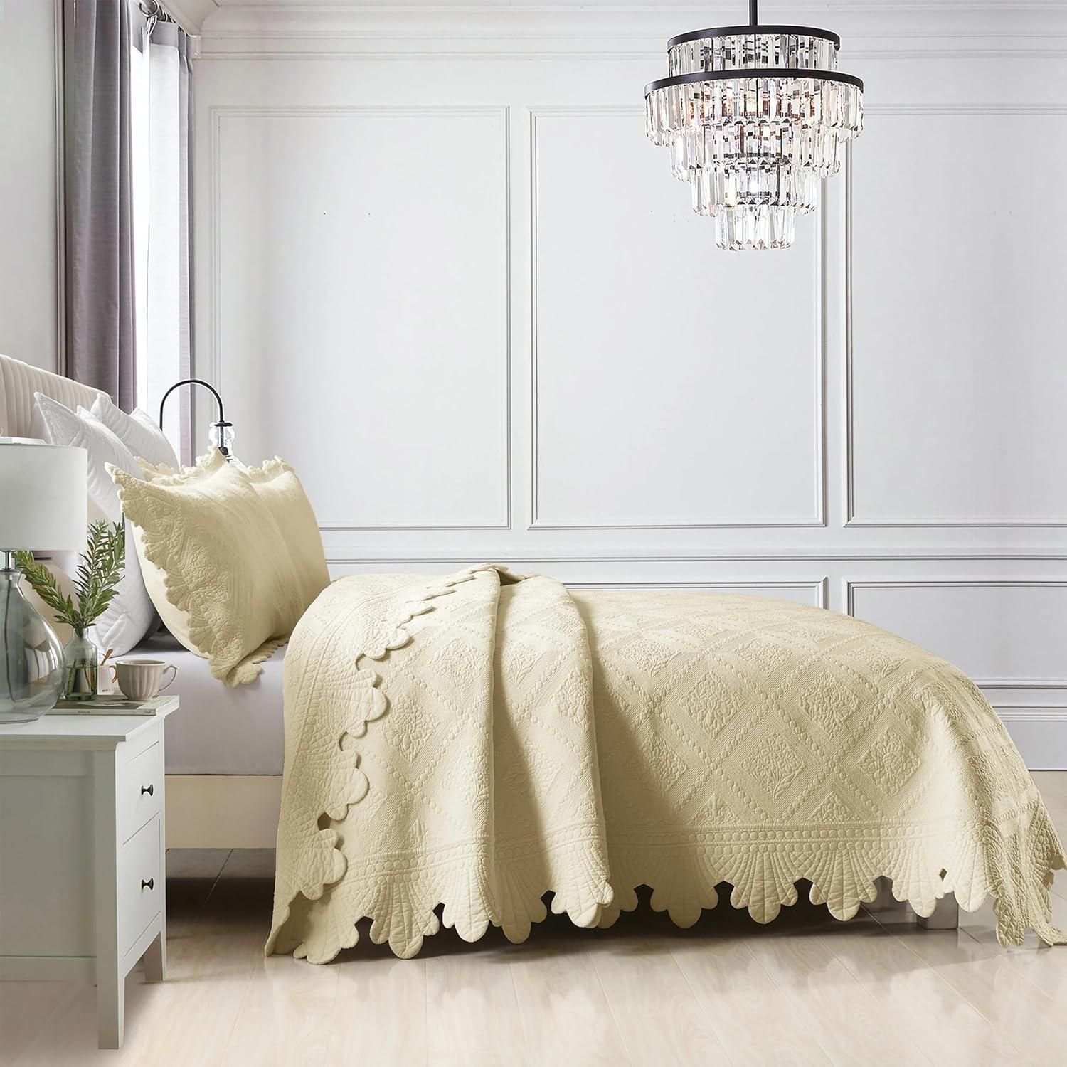 Beige Khaki Cotton Queen Bedspread Set with Embroidery