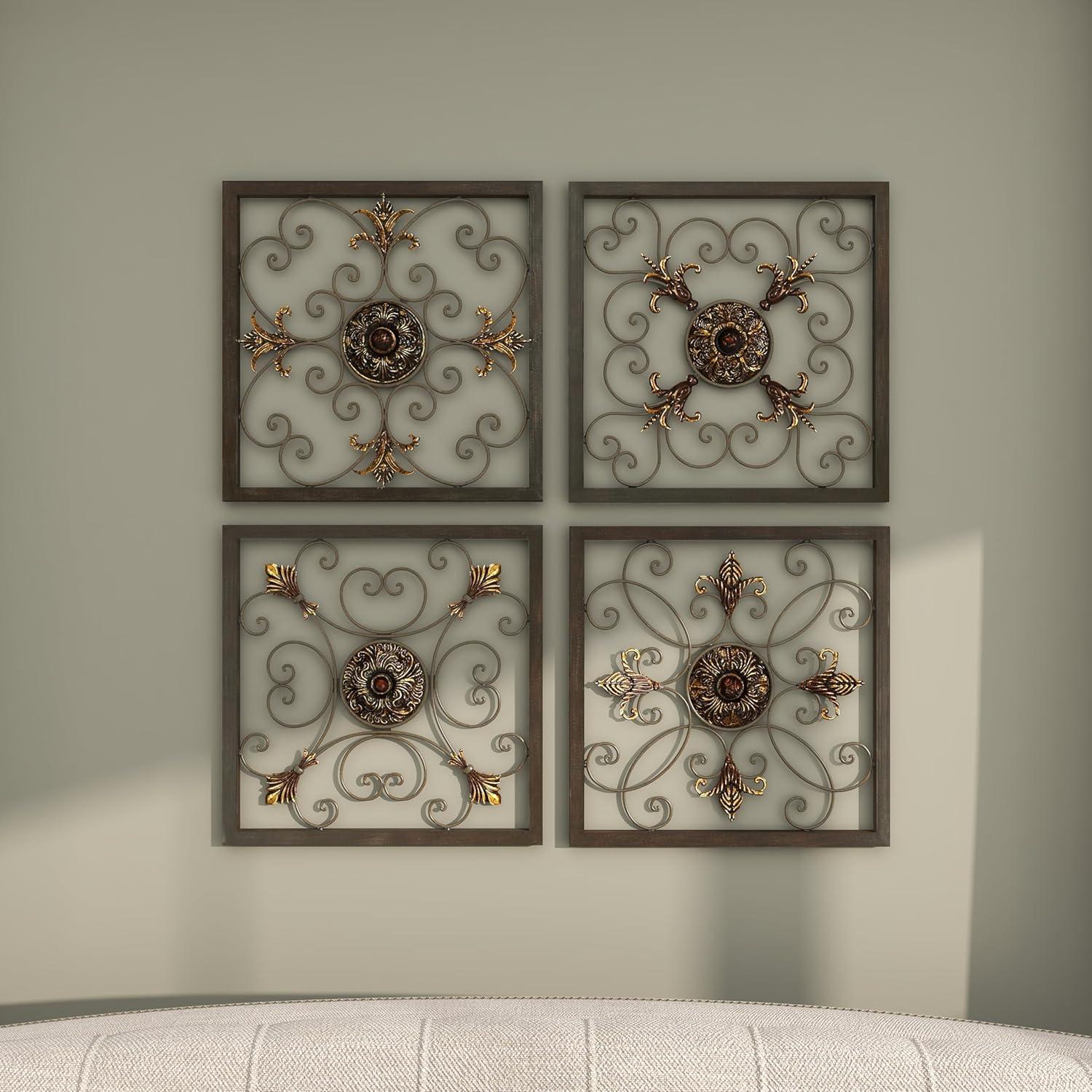 DecMode Rustic Brown Square Metal Wall Décor Set of 4 14"W x 14"H