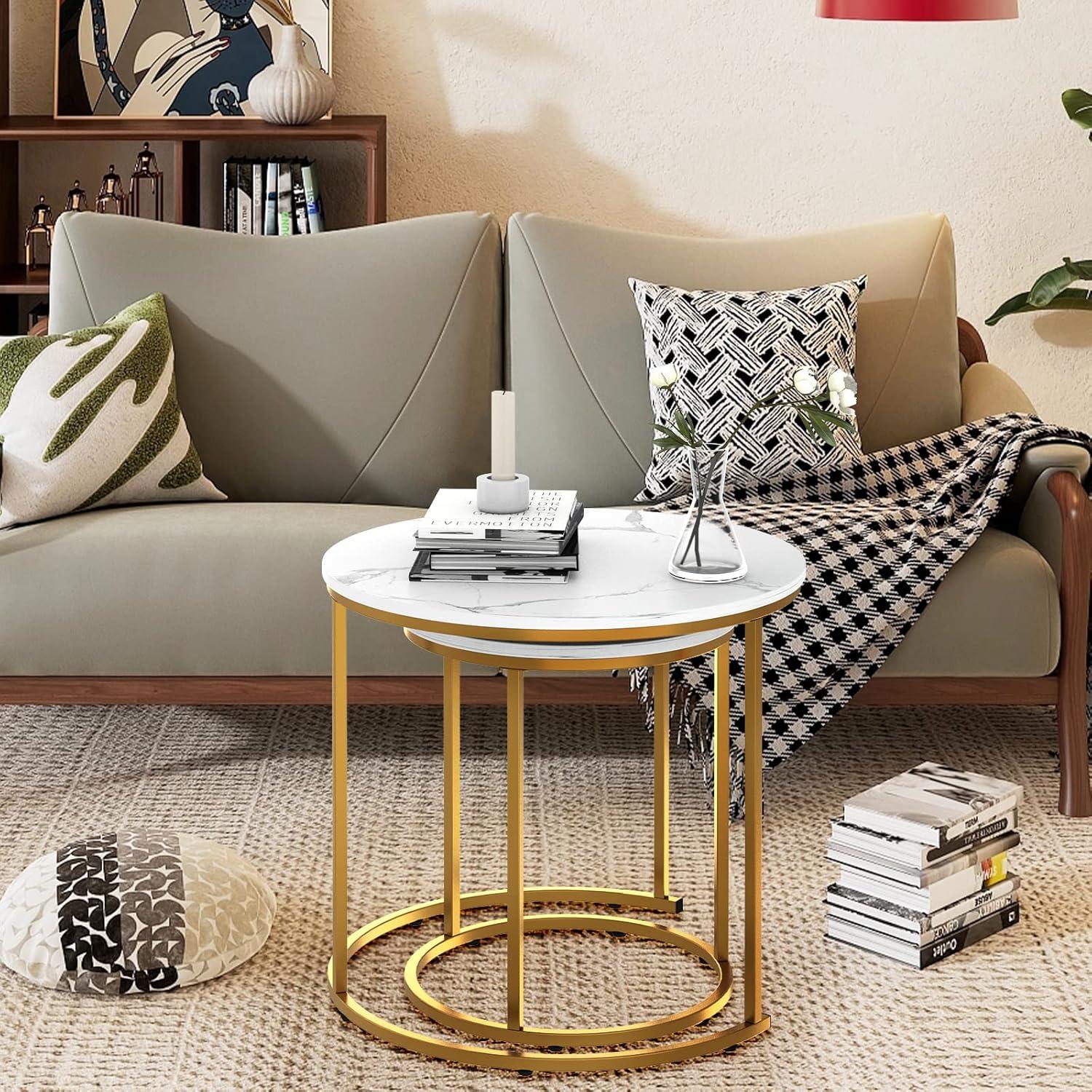 White and Gold Round Marble Nesting Coffee Tables