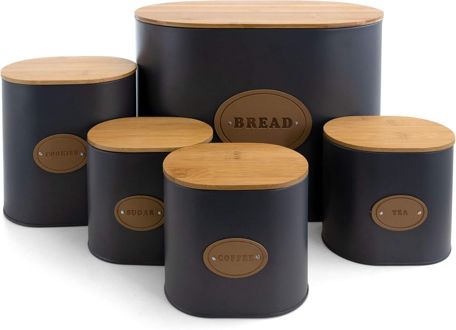 MegaChef Kitchen Food Storage and Organization 5 Piece Canister Set in Grey with Bamboo Lids