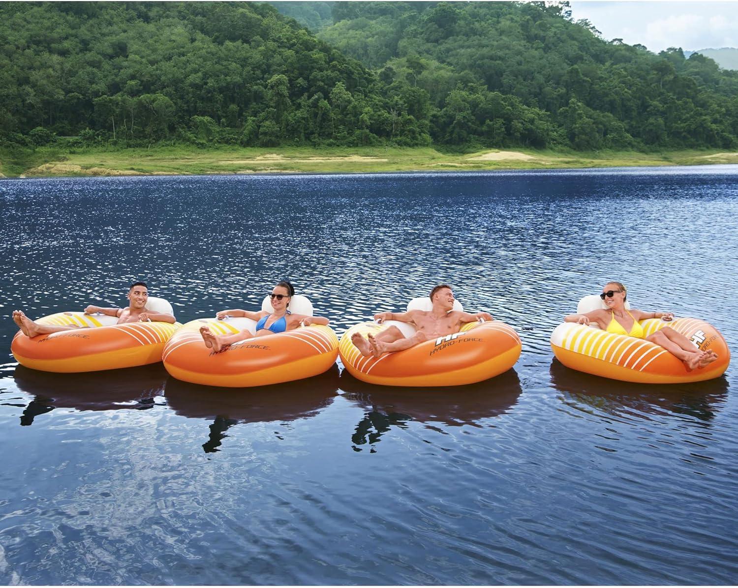 Bestway 43399E Hydro-Force Sunkissed Pool, Lake, River, Beach Inflatable PVC Clasp N Go Inner Tube Ring Float with Cup Holder, Orange and Yellow