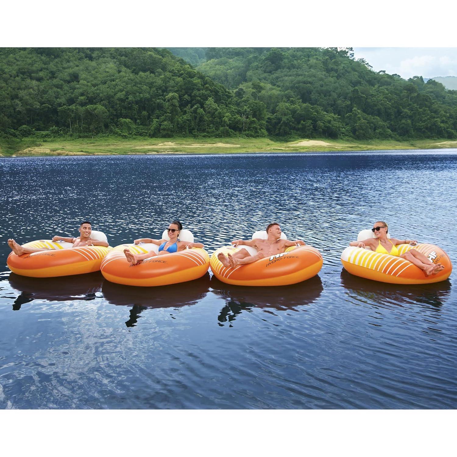 Bestway 43399E Hydro-Force Sunkissed Pool, Lake, River, Beach Inflatable PVC Clasp N Go Inner Tube Ring Float with Cup Holder, Orange and Yellow