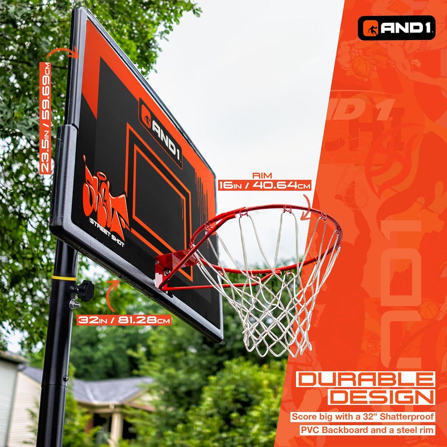 AND1 32" Youth Basketball Hoop & Basketball Bundle - Adjustable Portable Outdoor Hoop, 5-7 ft Adjustable Height